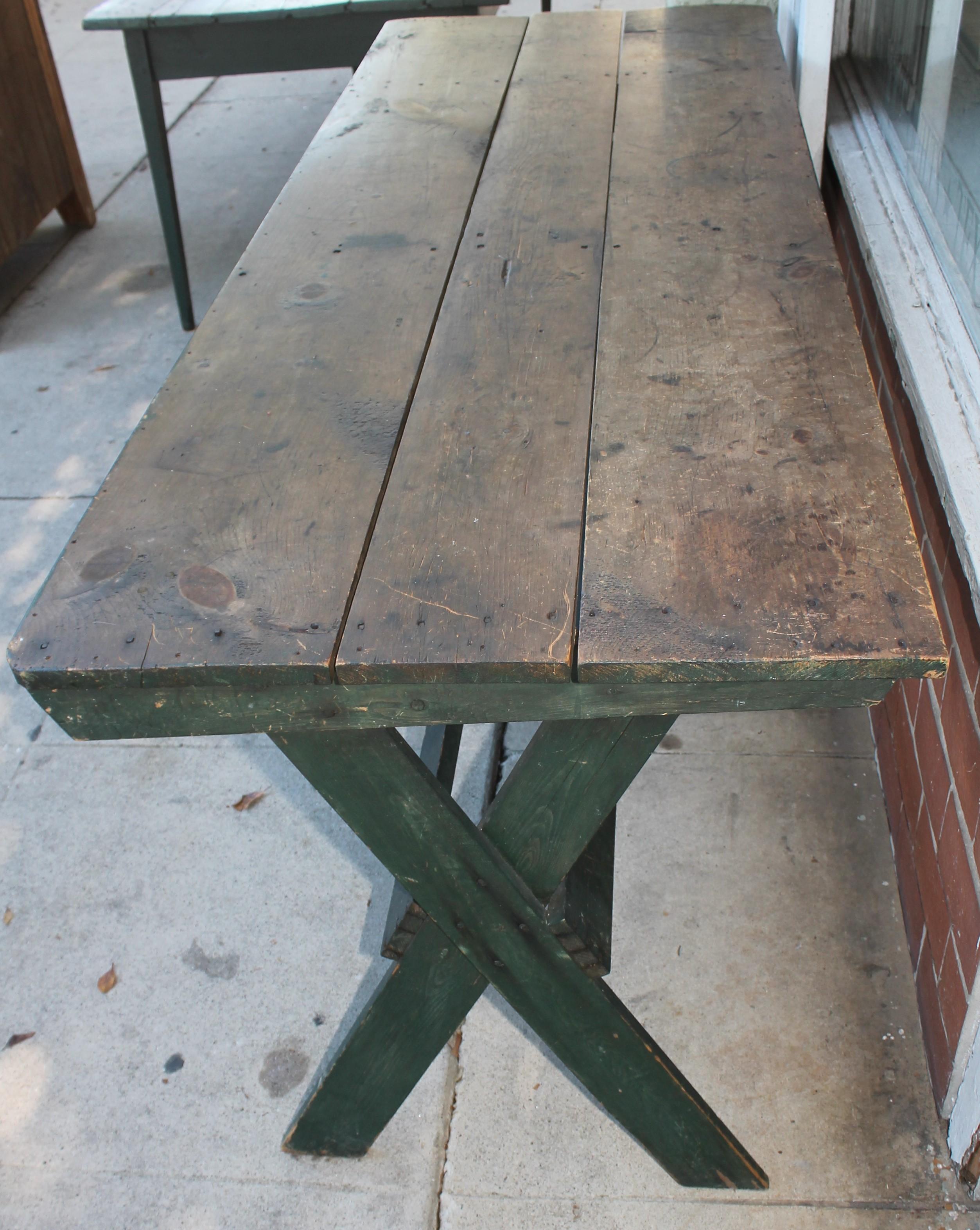 19th Century 19th C Lg Saw Buck Table in Original Green Paint