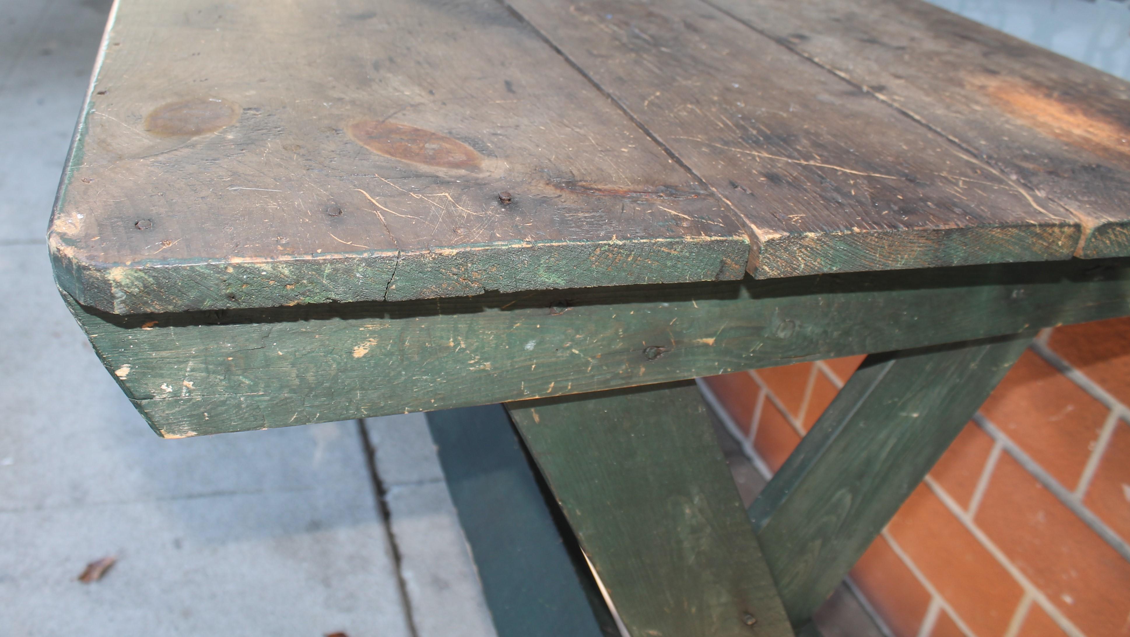 Wood 19th C Lg Saw Buck Table in Original Green Paint