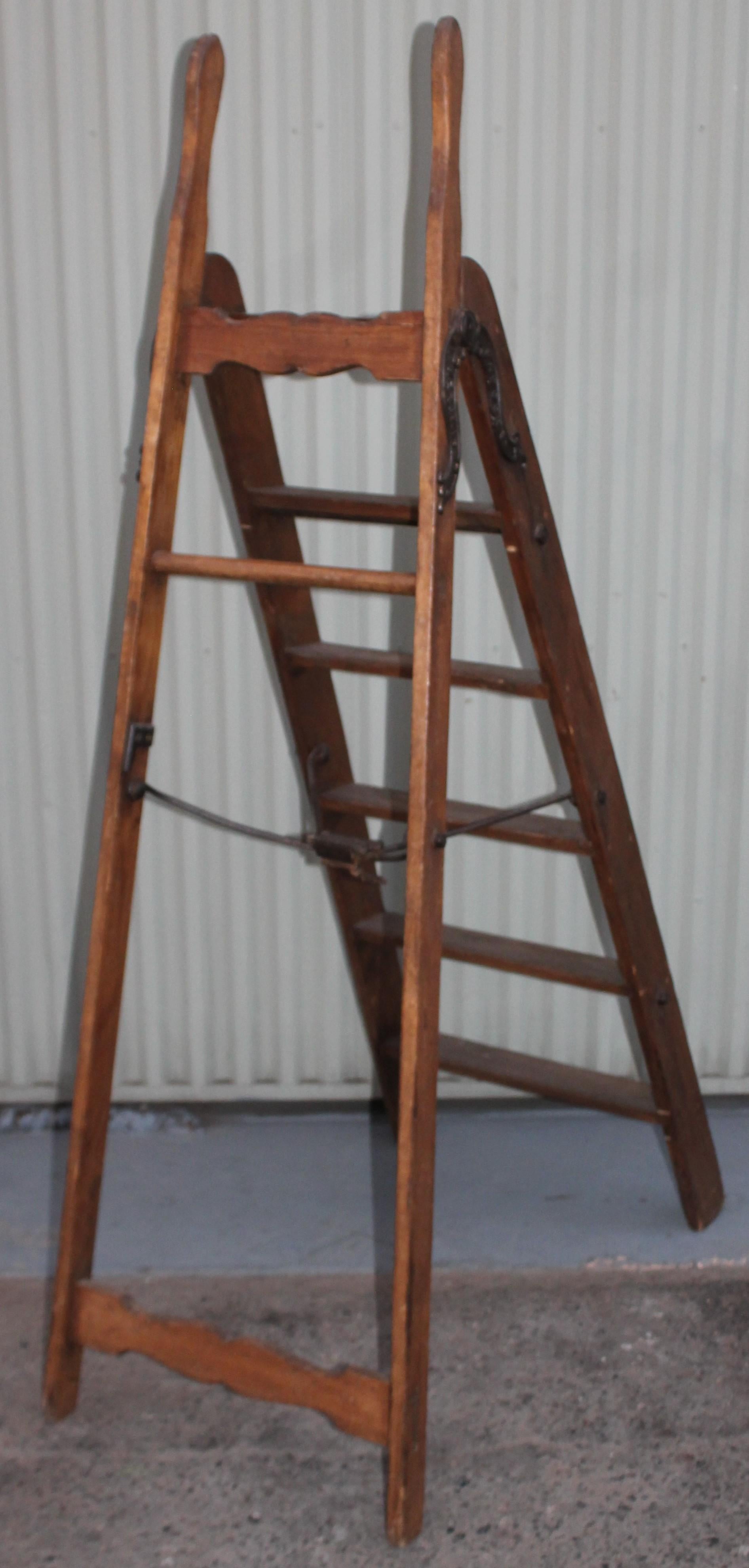 Hand-Crafted 19th Century Library Ladder with Original Iron Hardware