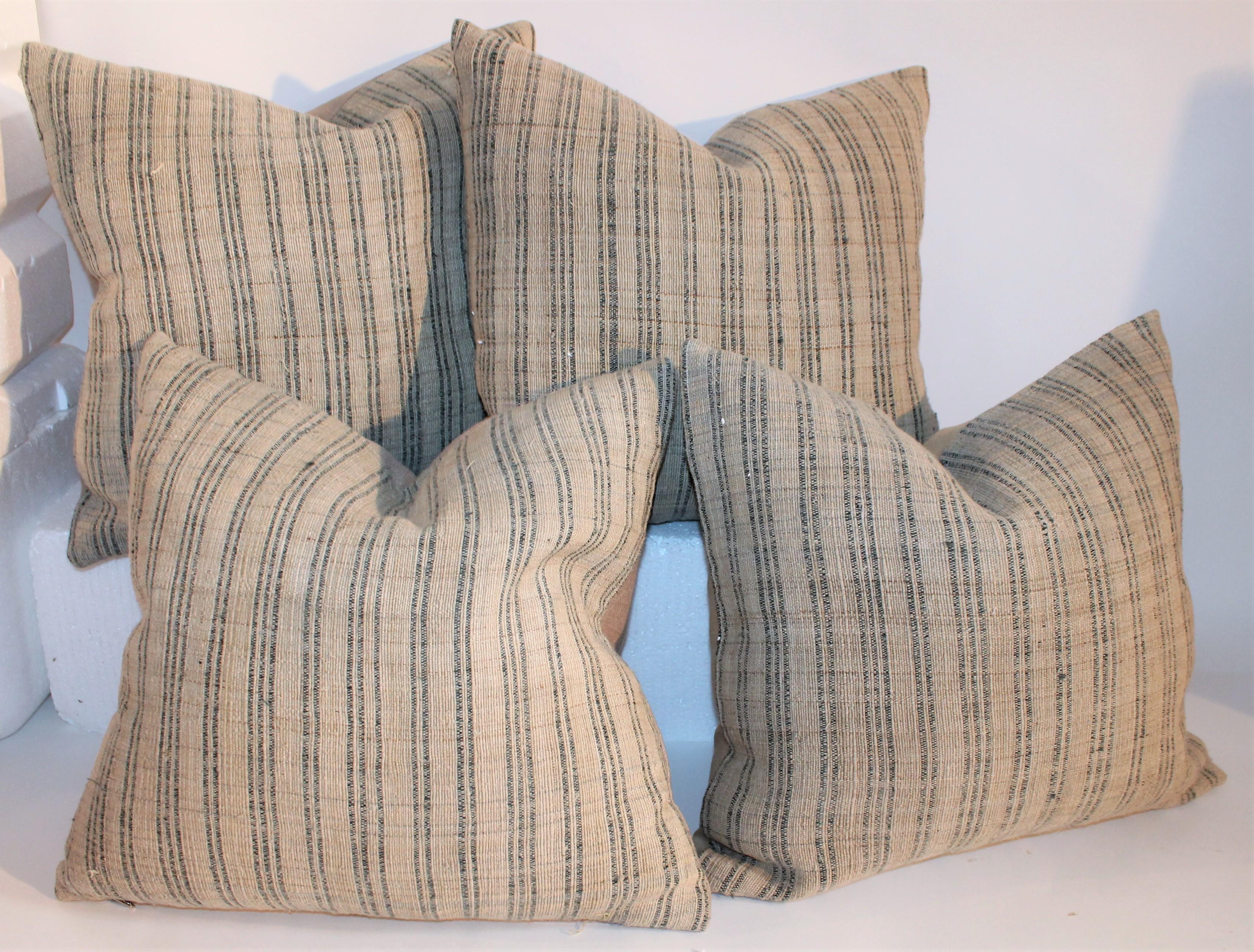 Country 19th Century Linen Ticking Pillows, Pair
