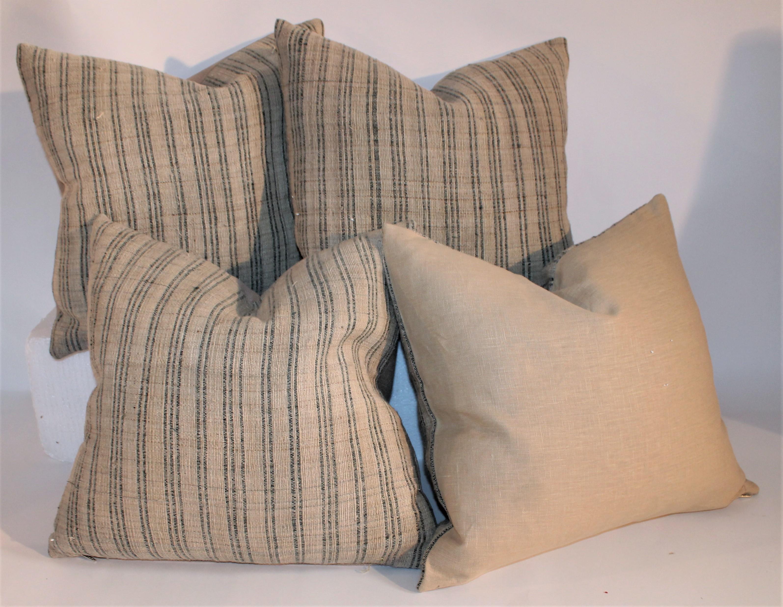 American 19th Century Linen Ticking Pillows, Pair