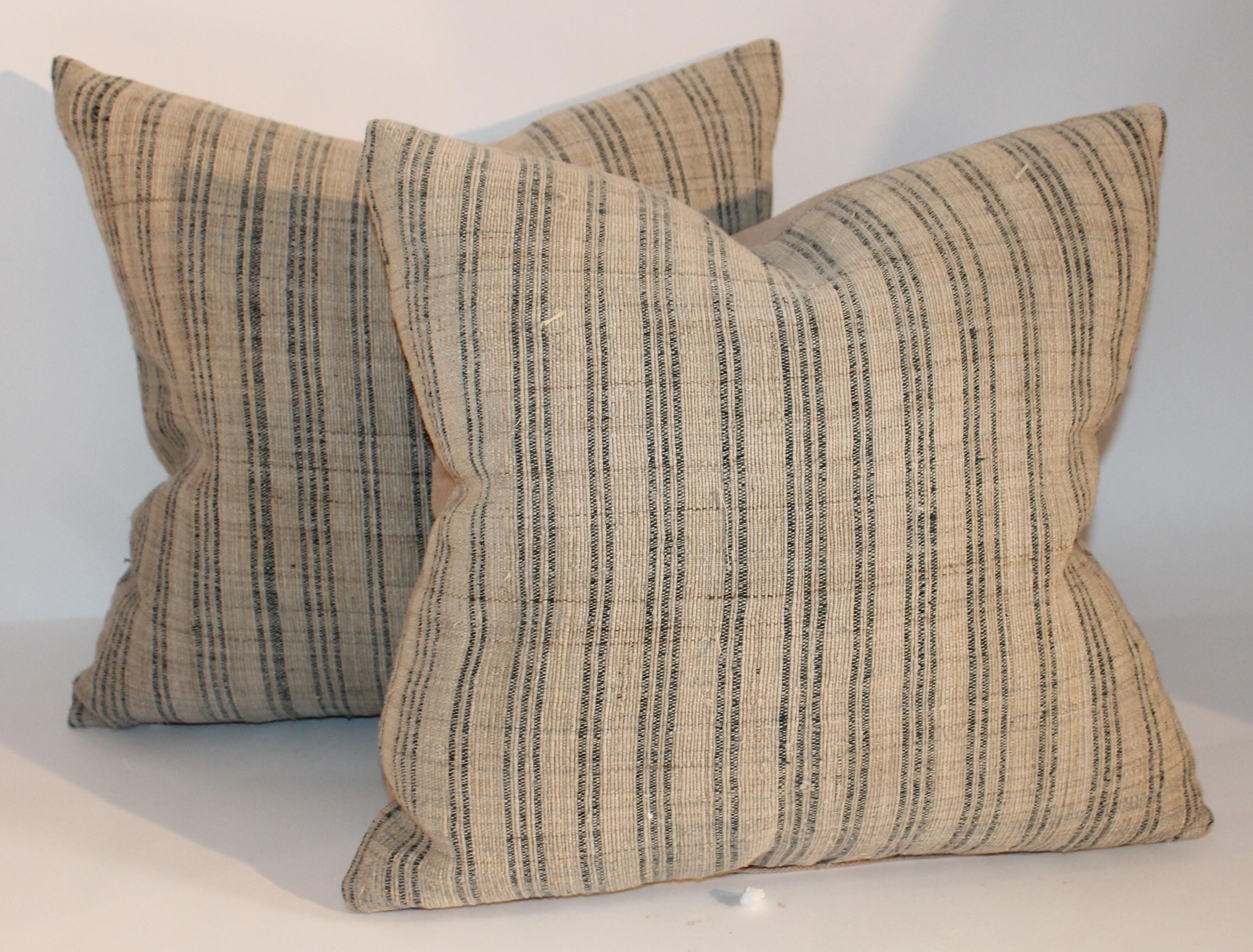 Hand-Crafted 19th Century Linen Ticking Pillows, Pair