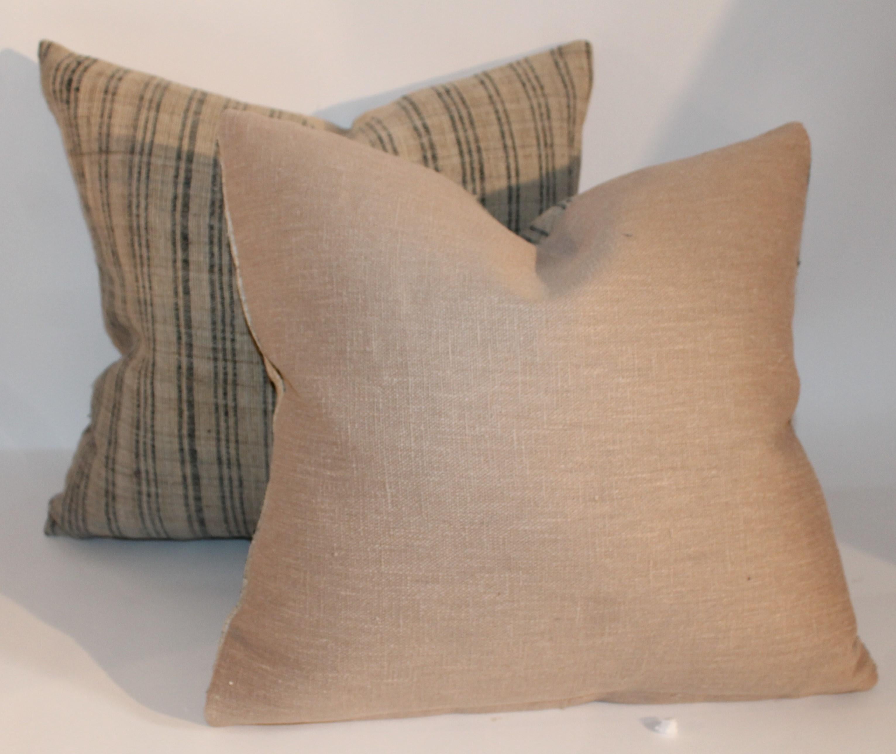 19th Century Linen Ticking Pillows, Pair In Excellent Condition In Los Angeles, CA