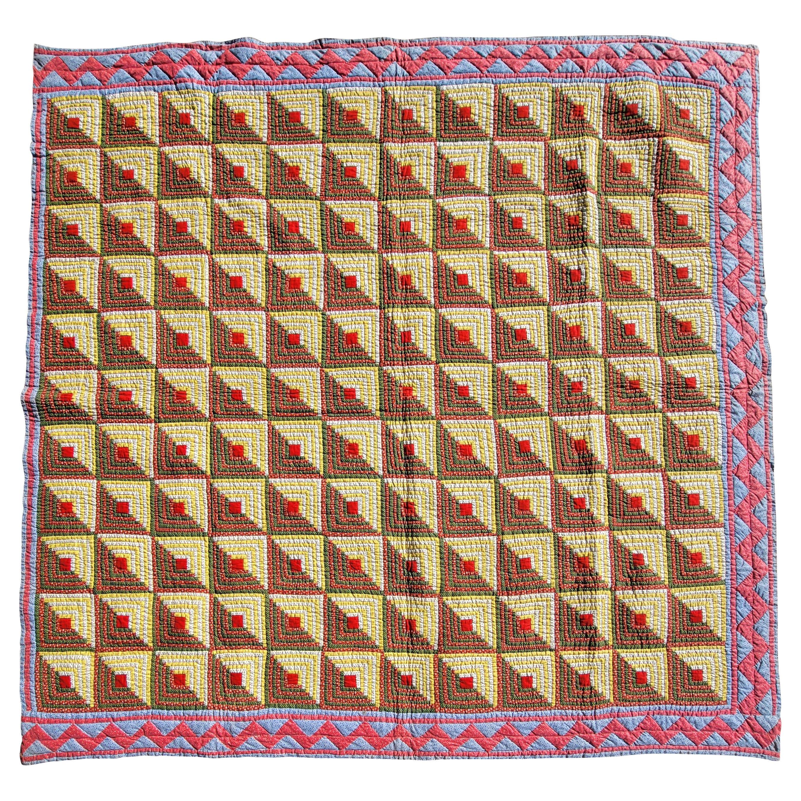 Colcha de cabaña del siglo XIX con borde en Zig Zag