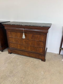 19thC Louis Philippe Flame Mahogany Commode with Gray Marble and Bracket Feet