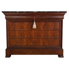 19thC Louis Philippe Flame Mahogany Commode with Gray Marble and Bracket Feet