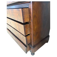 19thC Louis Philippe Flame Mahogany Commode with Gray Marble Top and bun feet
