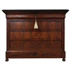 19thC Louis Philippe Flame Mahogany Commode with Gray Marble Top and bun feet