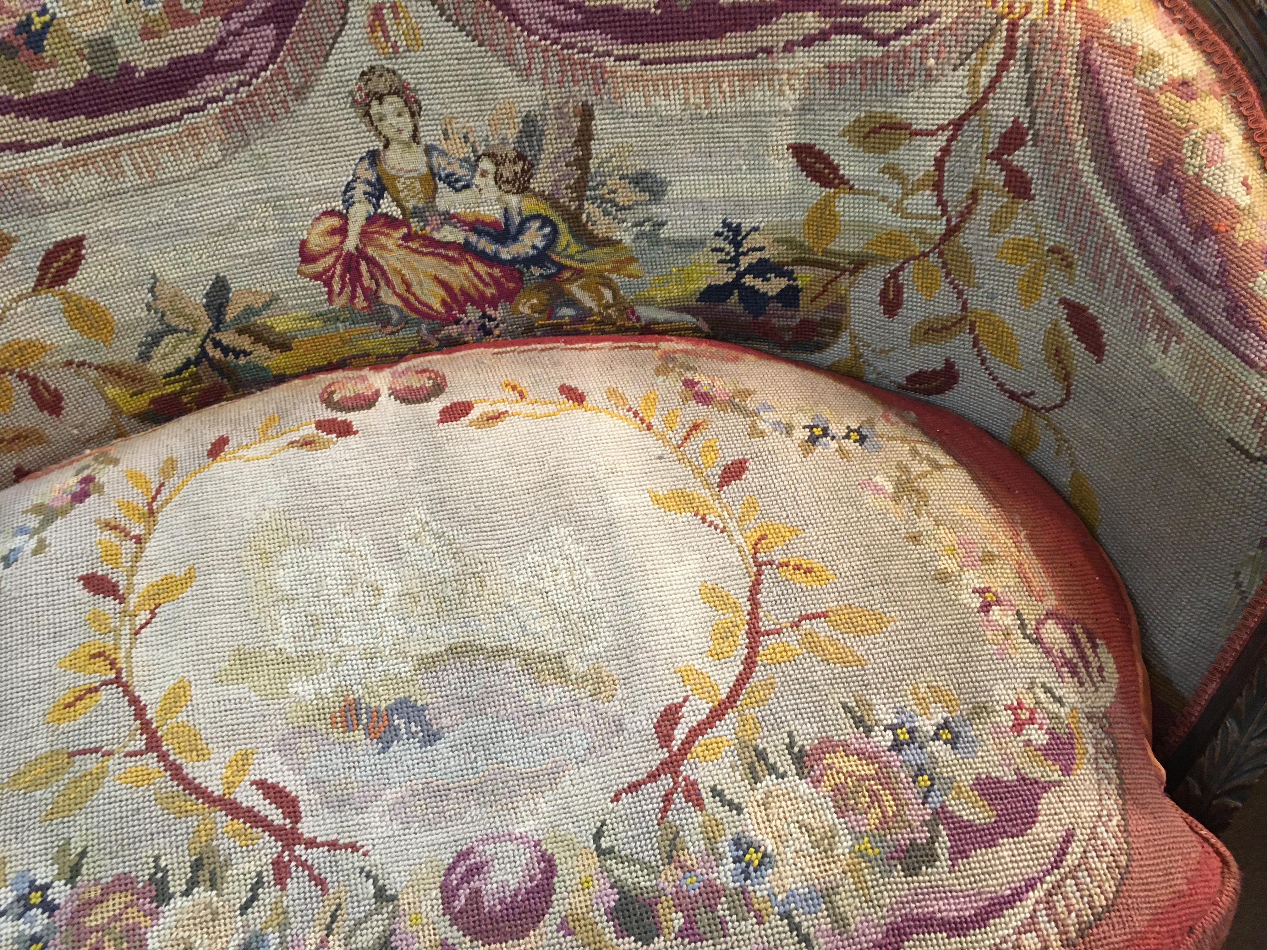 19thc Louis XVI Carved Fruitwood Settee with Needlepoint Upholstery For Sale 5