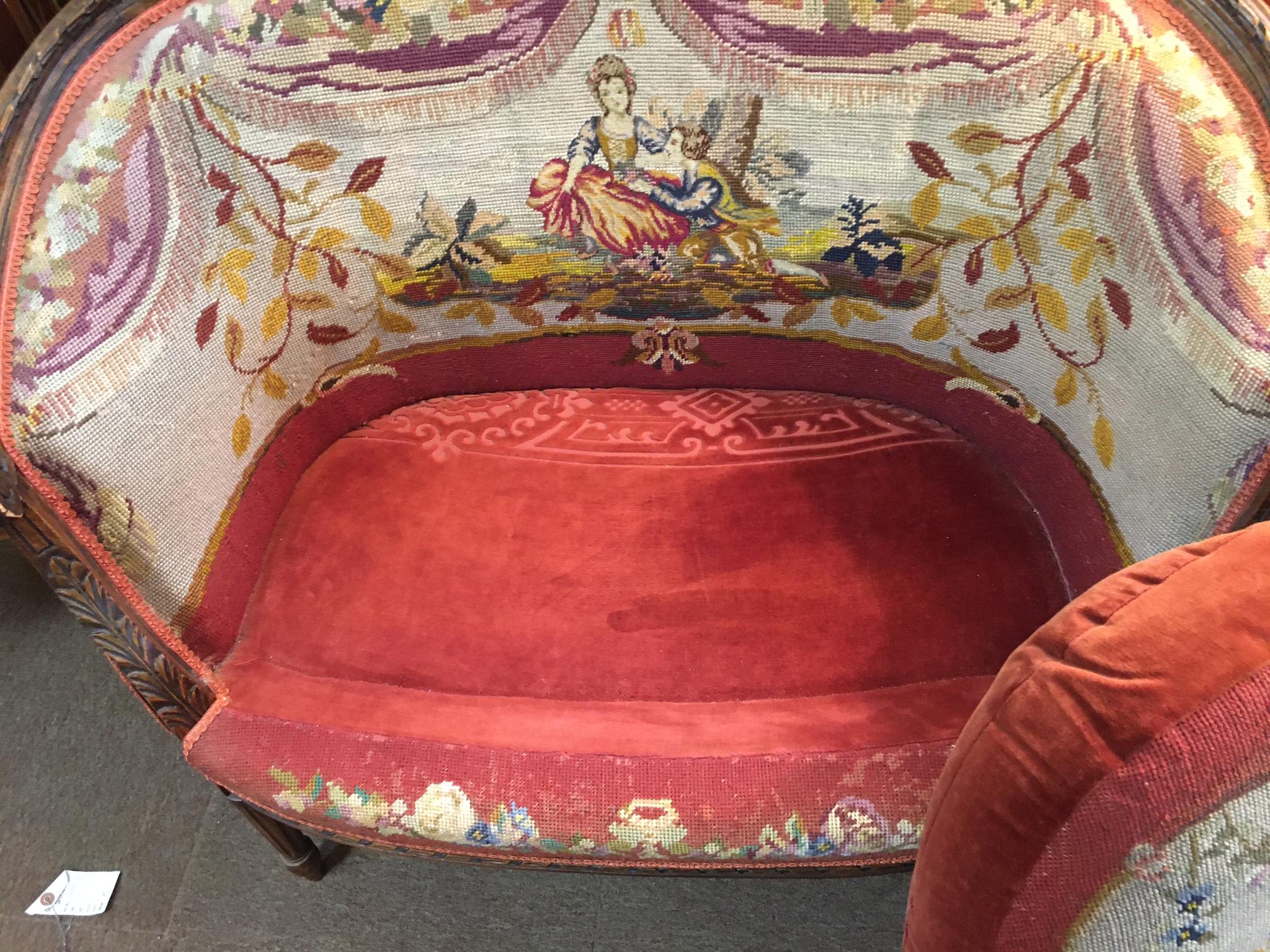 19thc Louis XVI Carved Fruitwood Settee with Needlepoint Upholstery For Sale 10