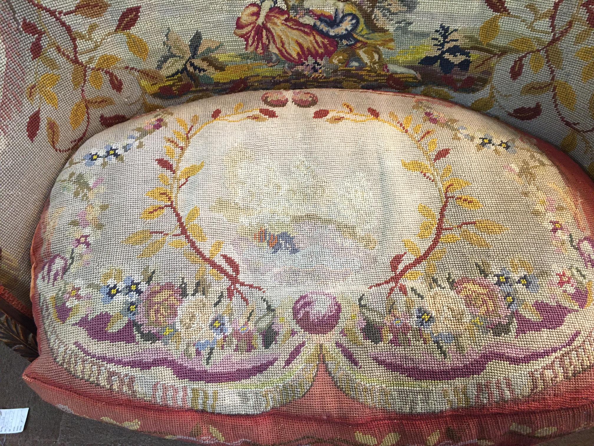 French 19thc Louis XVI Carved Fruitwood Settee with Needlepoint Upholstery For Sale
