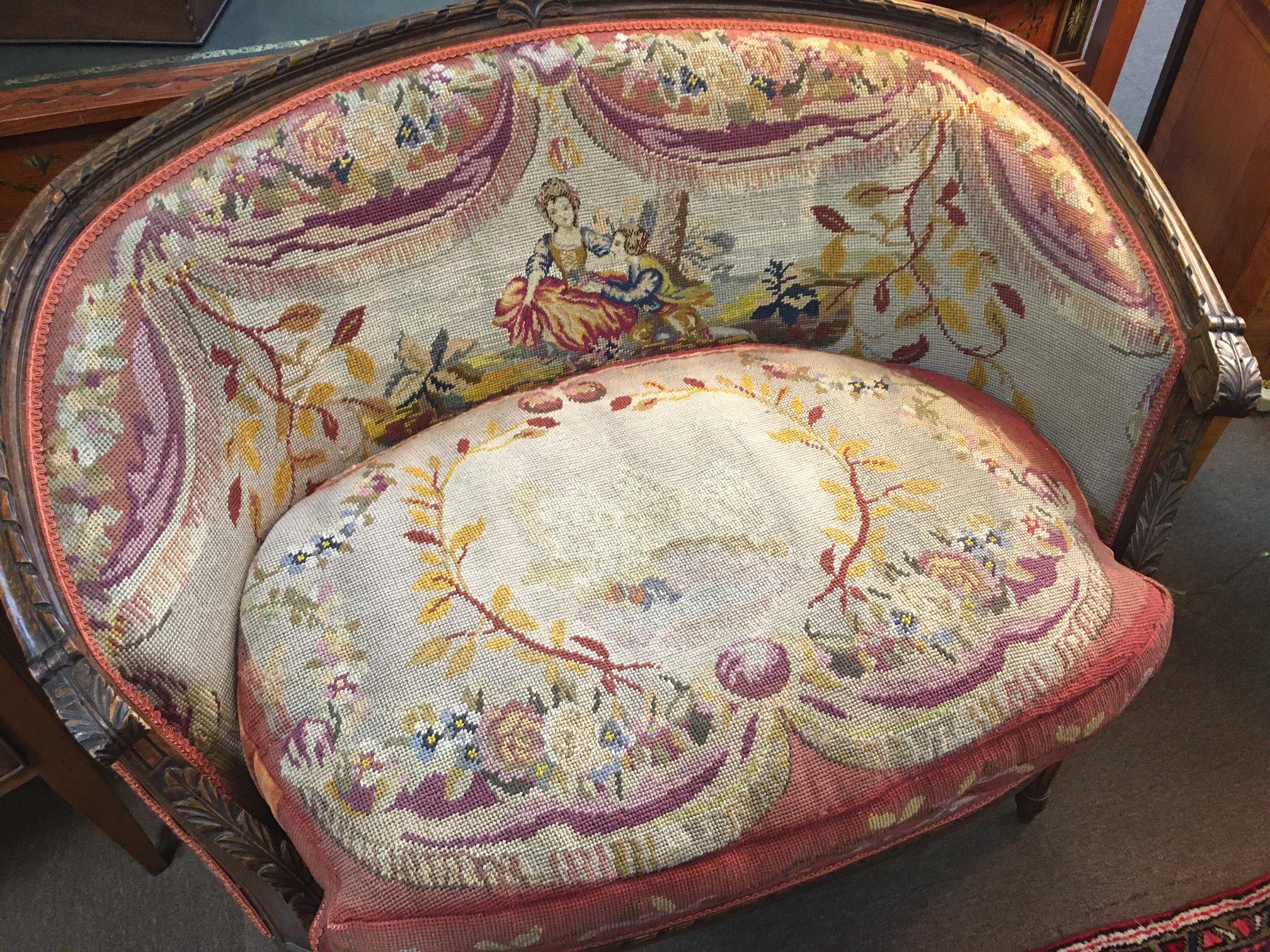 19thc Louis XVI Carved Fruitwood Settee with Needlepoint Upholstery In Good Condition For Sale In Savannah, GA