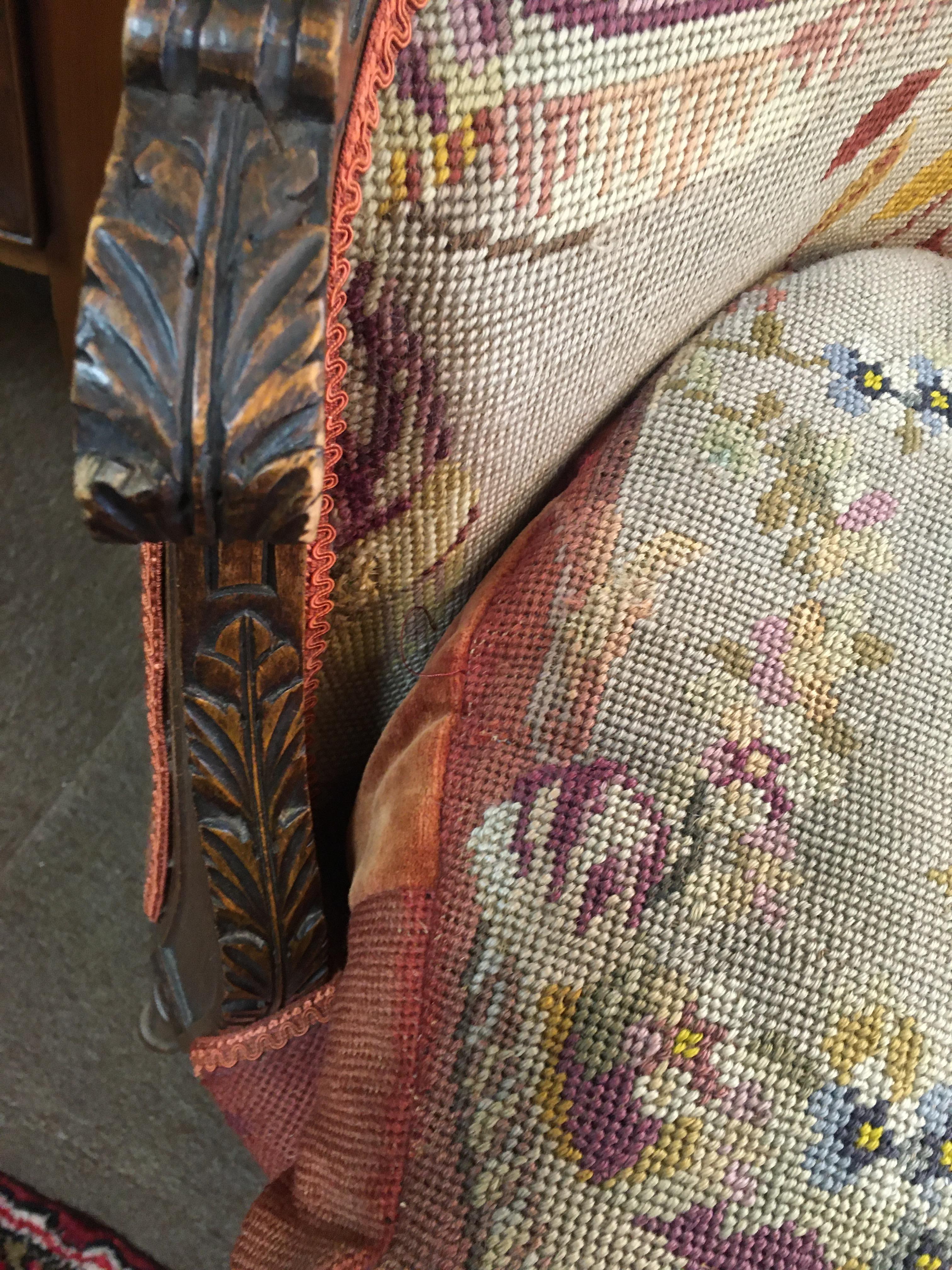 19thc Louis XVI Carved Fruitwood Settee with Needlepoint Upholstery For Sale 2
