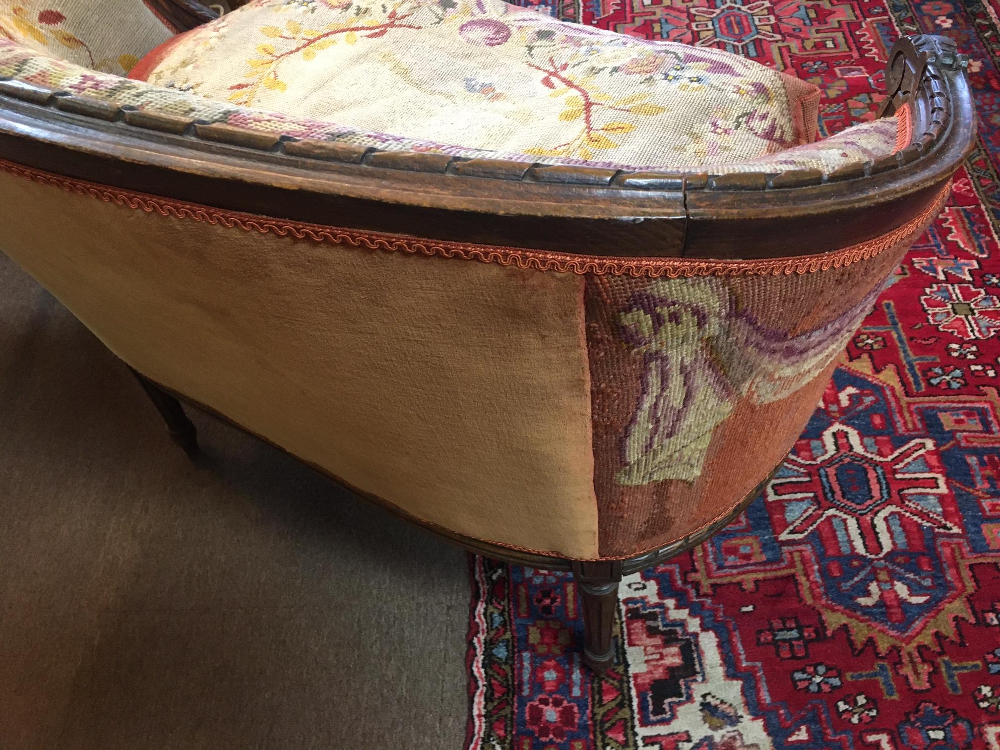 19thc Louis XVI Carved Fruitwood Settee with Needlepoint Upholstery For Sale 4