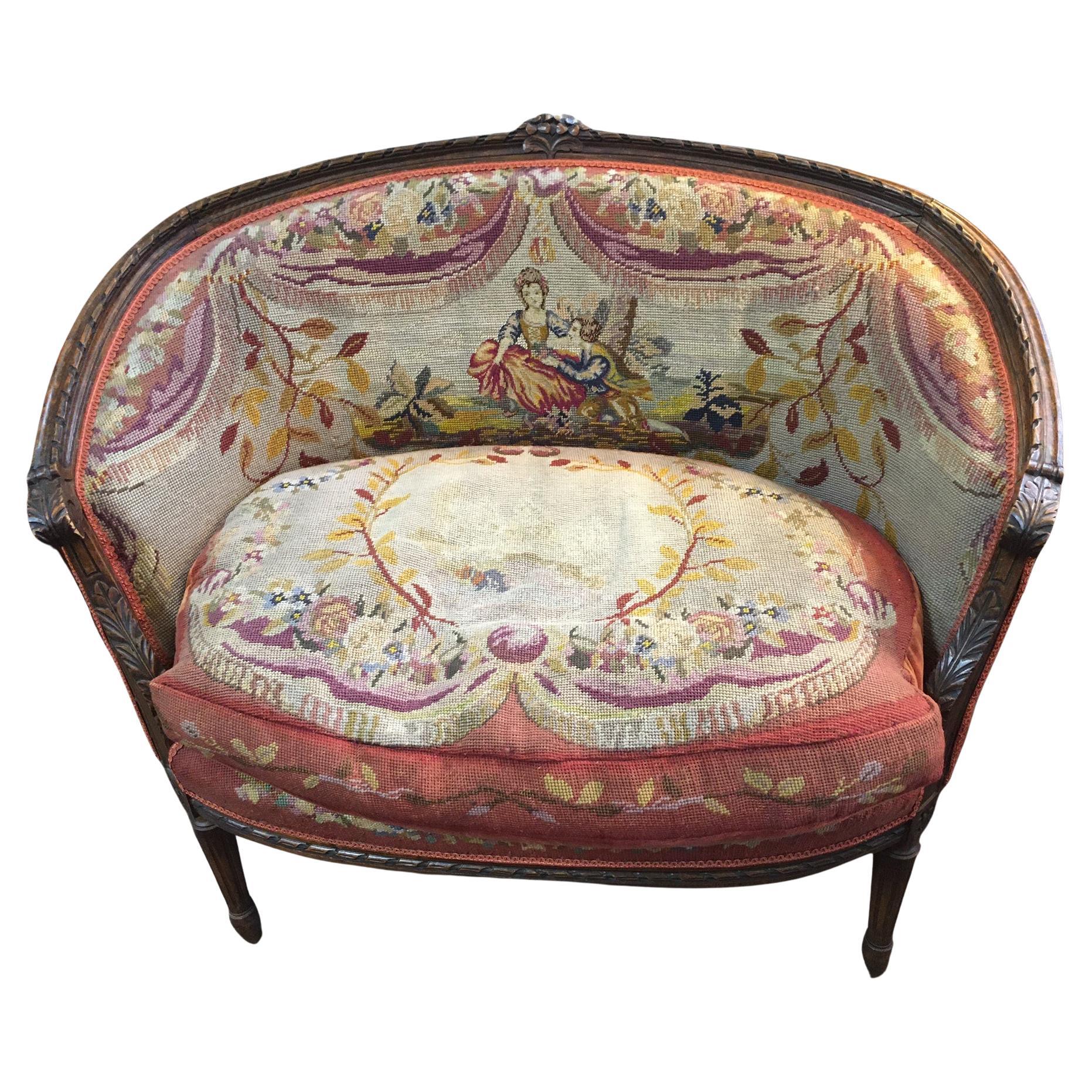 19thc Louis XVI Carved Fruitwood Settee with Needlepoint Upholstery For Sale