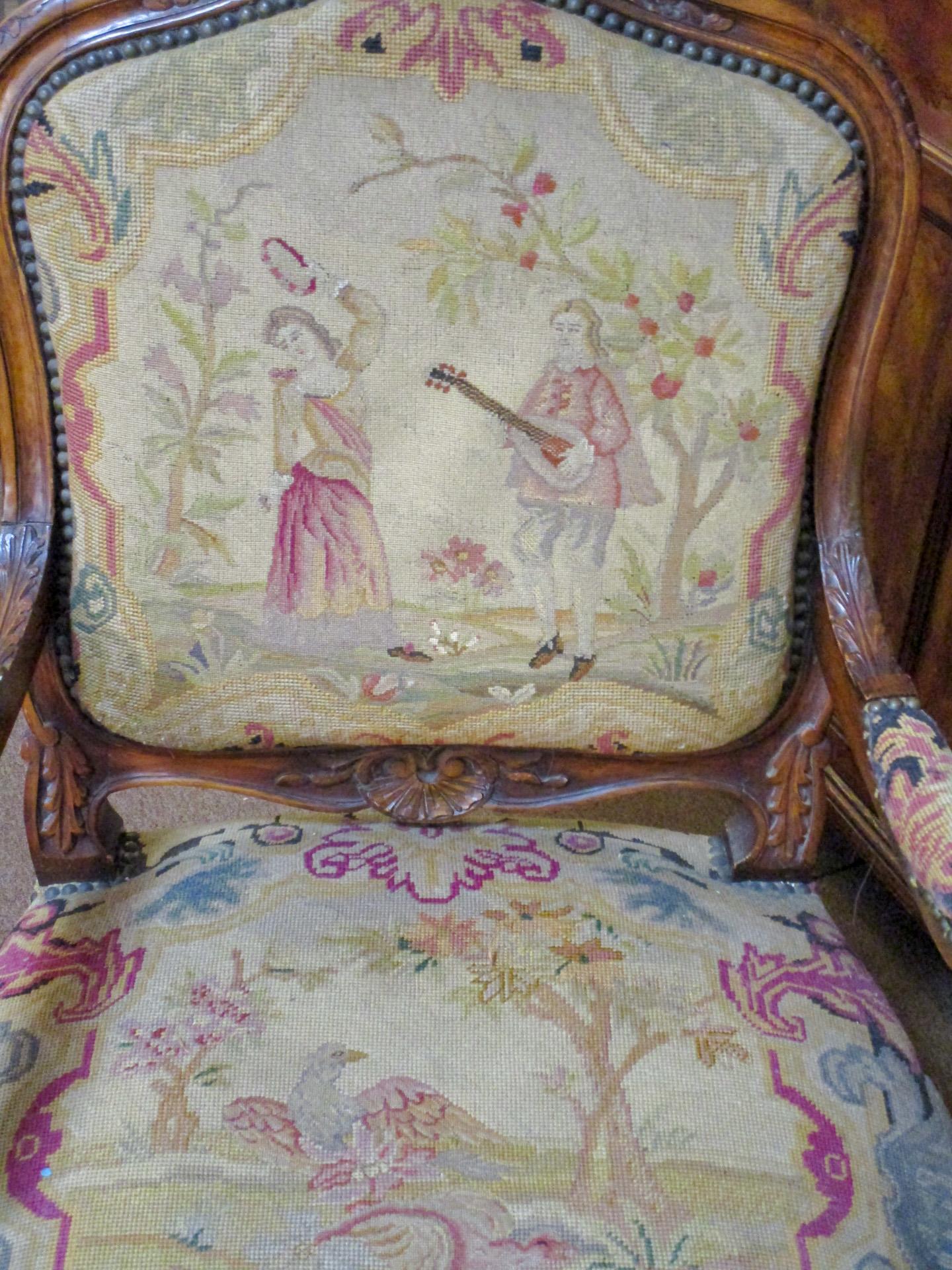 19thc Louis XVI Style Carved Walnut Fauteuils w/ Petite Point and Needlepoint For Sale 7