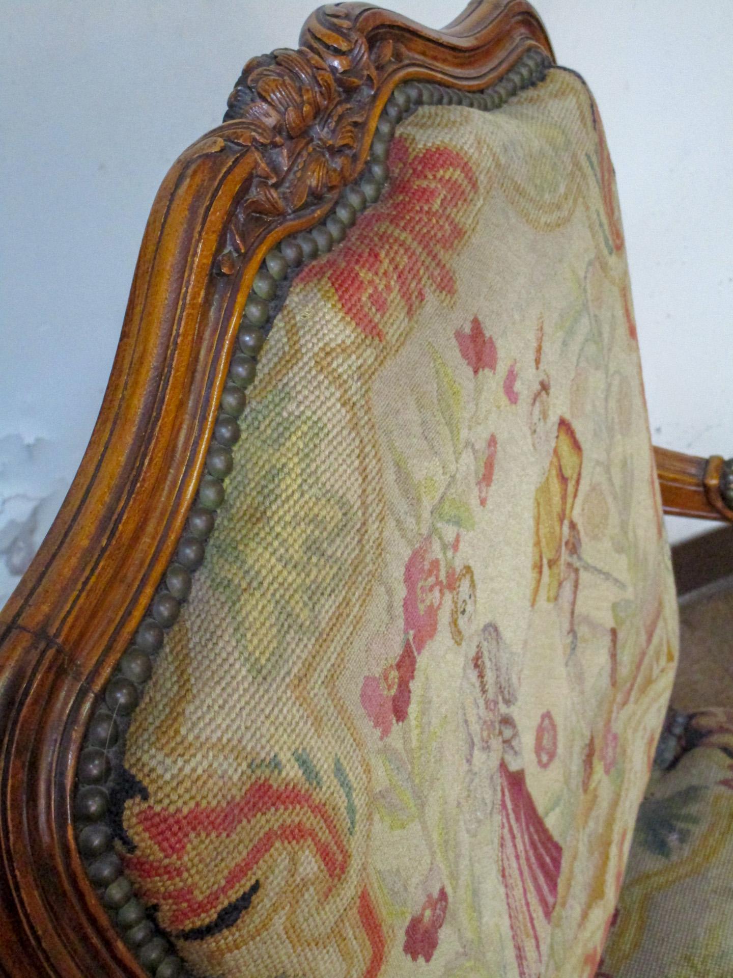 19thc Louis XVI Style Carved Walnut Fauteuils w/ Petite Point and Needlepoint For Sale 8