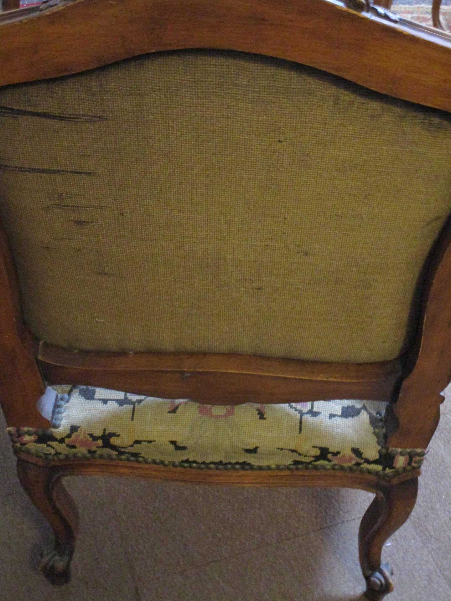 19thc Louis XVI Style Carved Walnut Fauteuils w/ Petite Point and Needlepoint For Sale 12