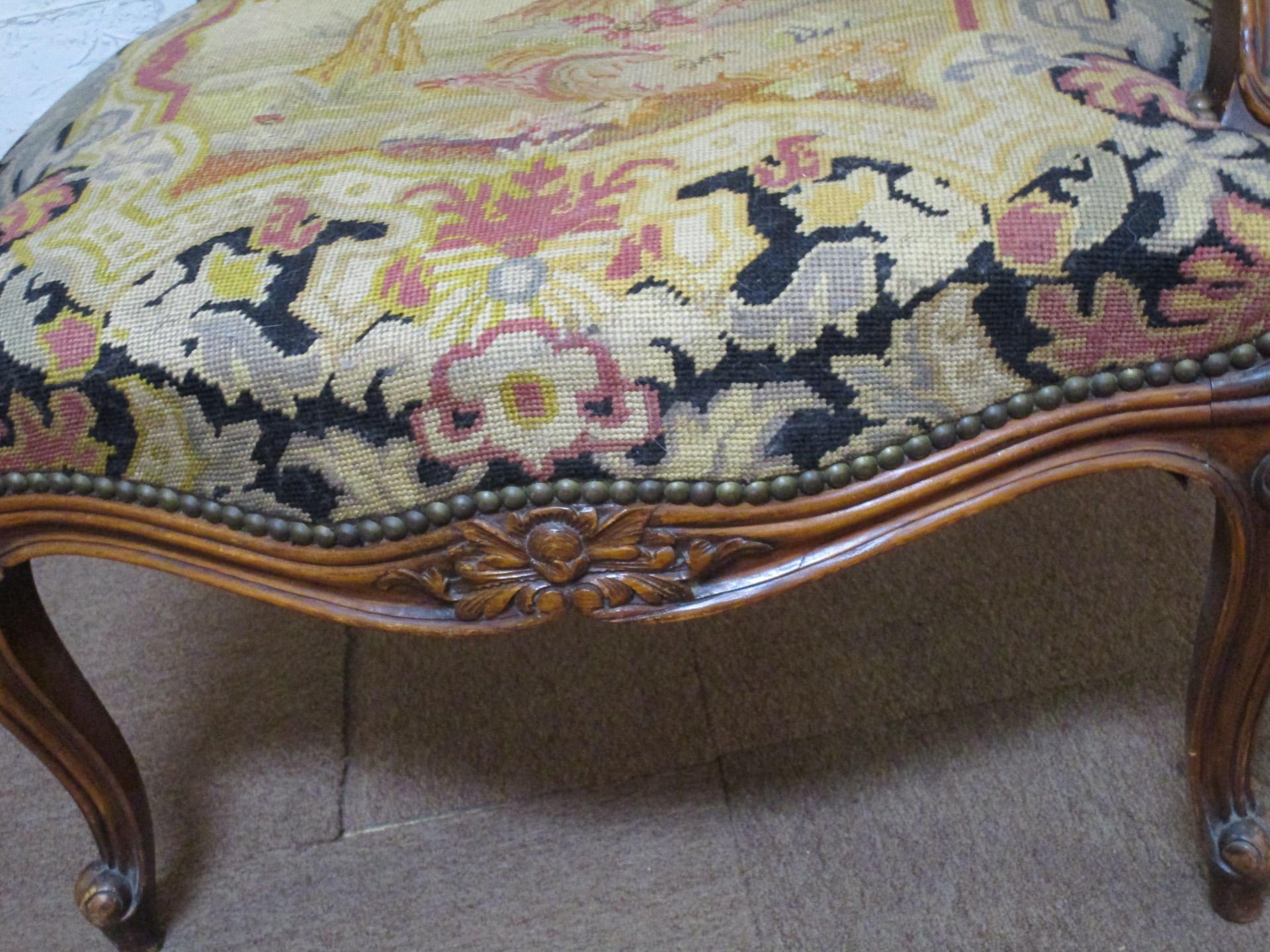 French 19thc Louis XVI Style Carved Walnut Fauteuils w/ Petite Point and Needlepoint For Sale