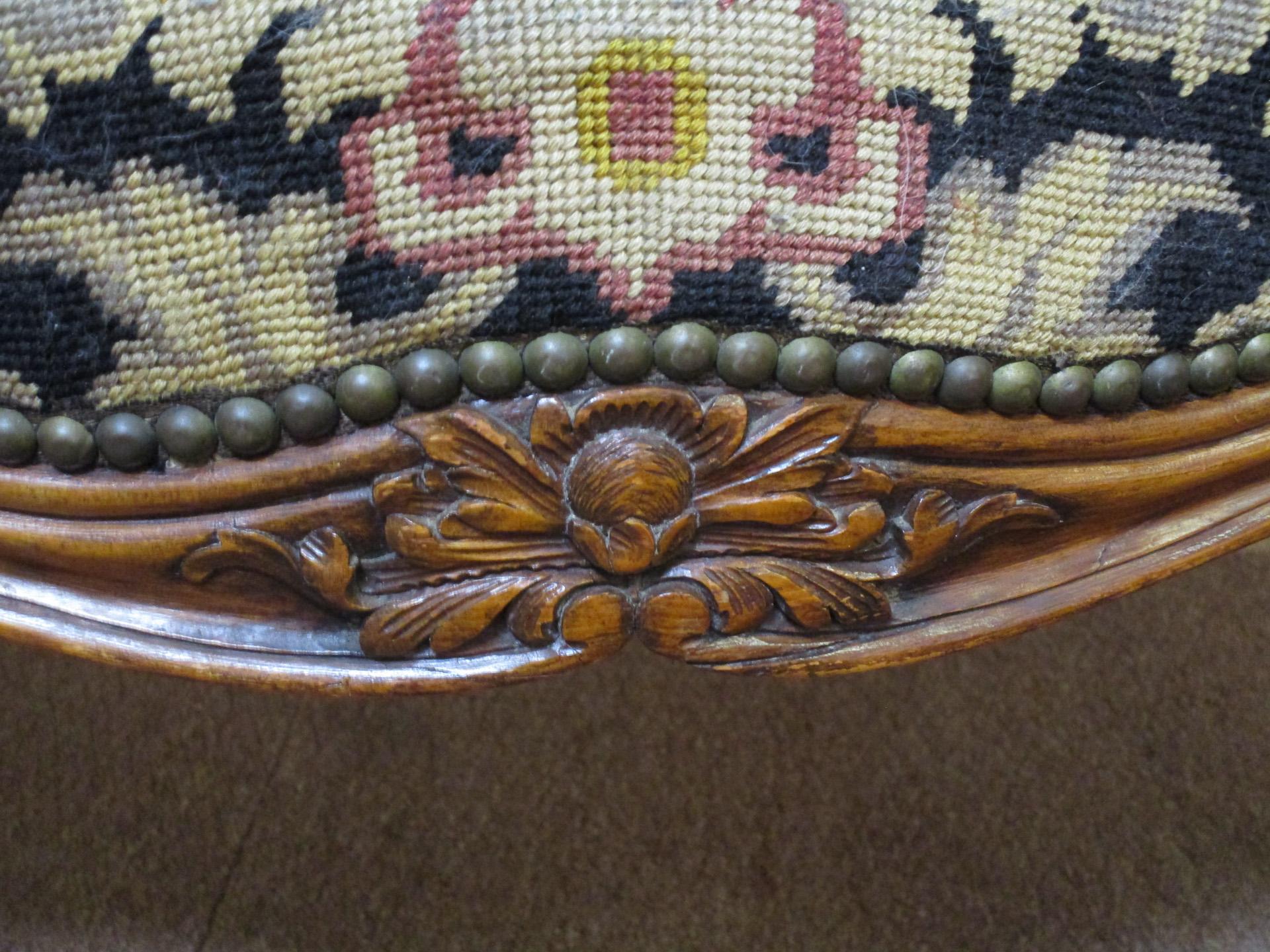 19thc Louis XVI Style Carved Walnut Fauteuils w/ Petite Point and Needlepoint In Good Condition For Sale In Savannah, GA