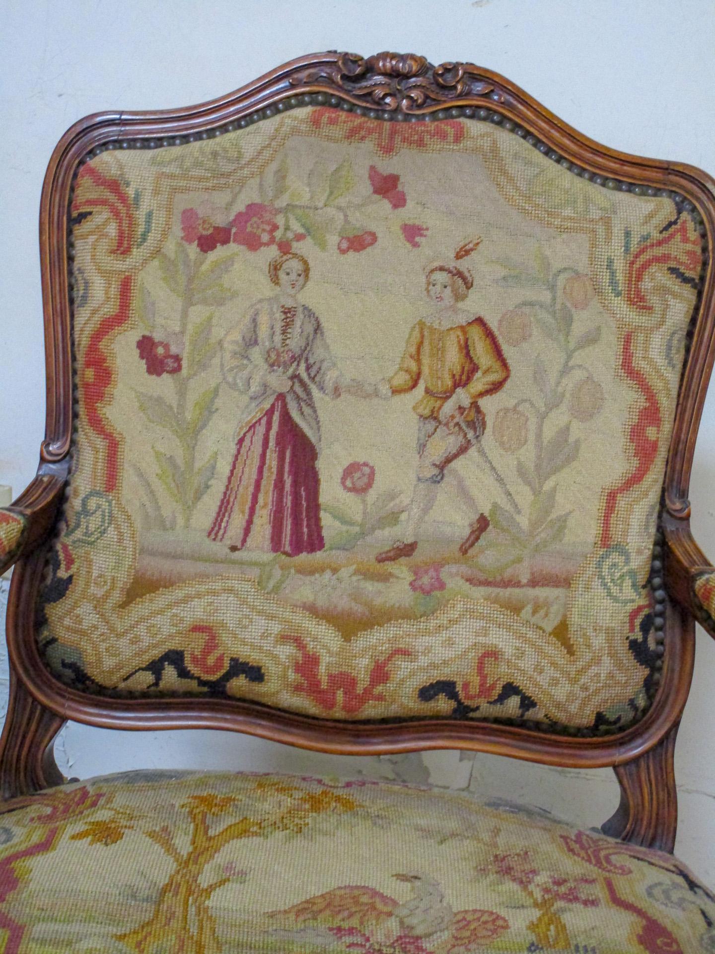 Late 19th Century 19thc Louis XVI Style Carved Walnut Fauteuils w/ Petite Point and Needlepoint For Sale
