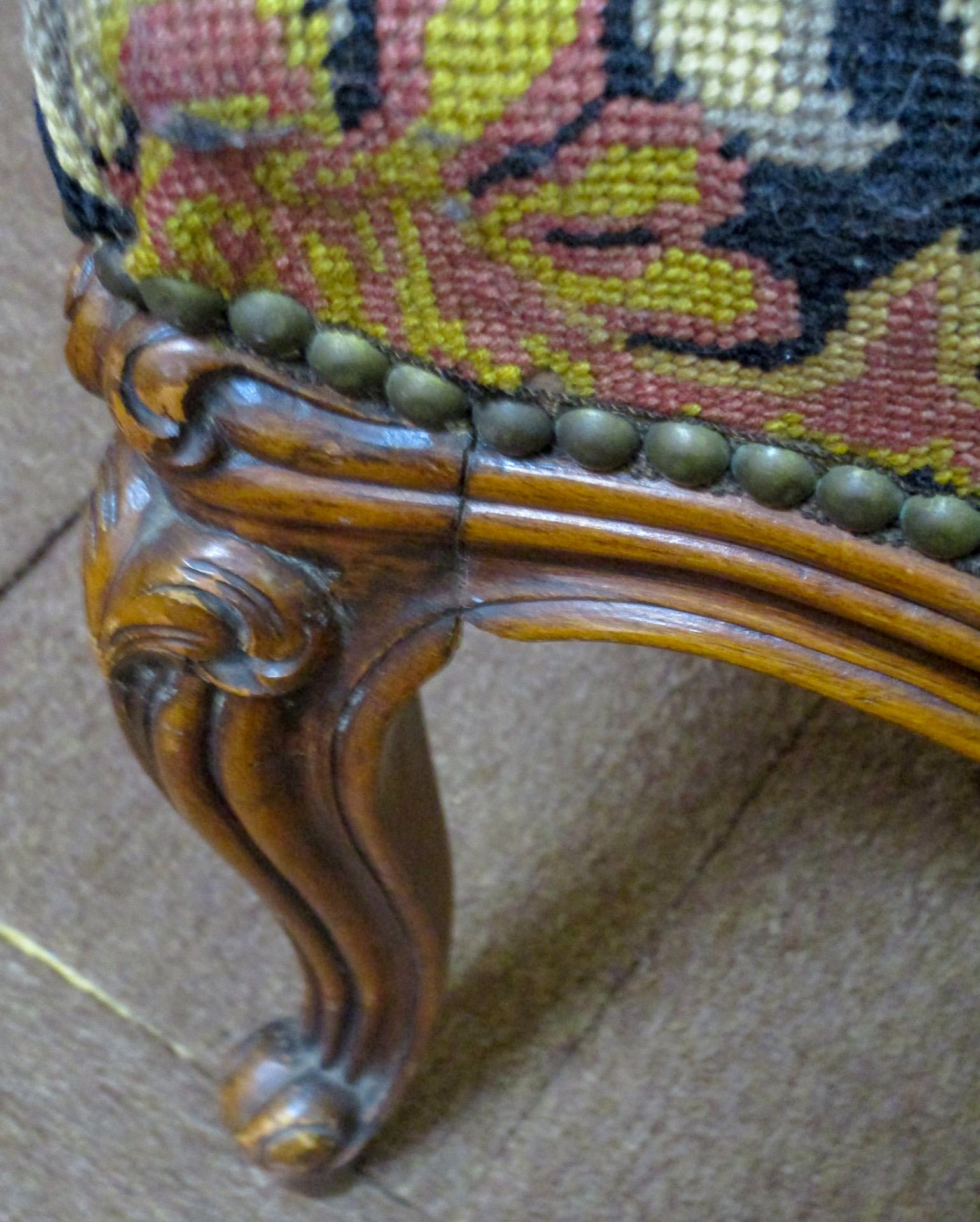 Wool 19thc Louis XVI Style Carved Walnut Fauteuils w/ Petite Point and Needlepoint For Sale