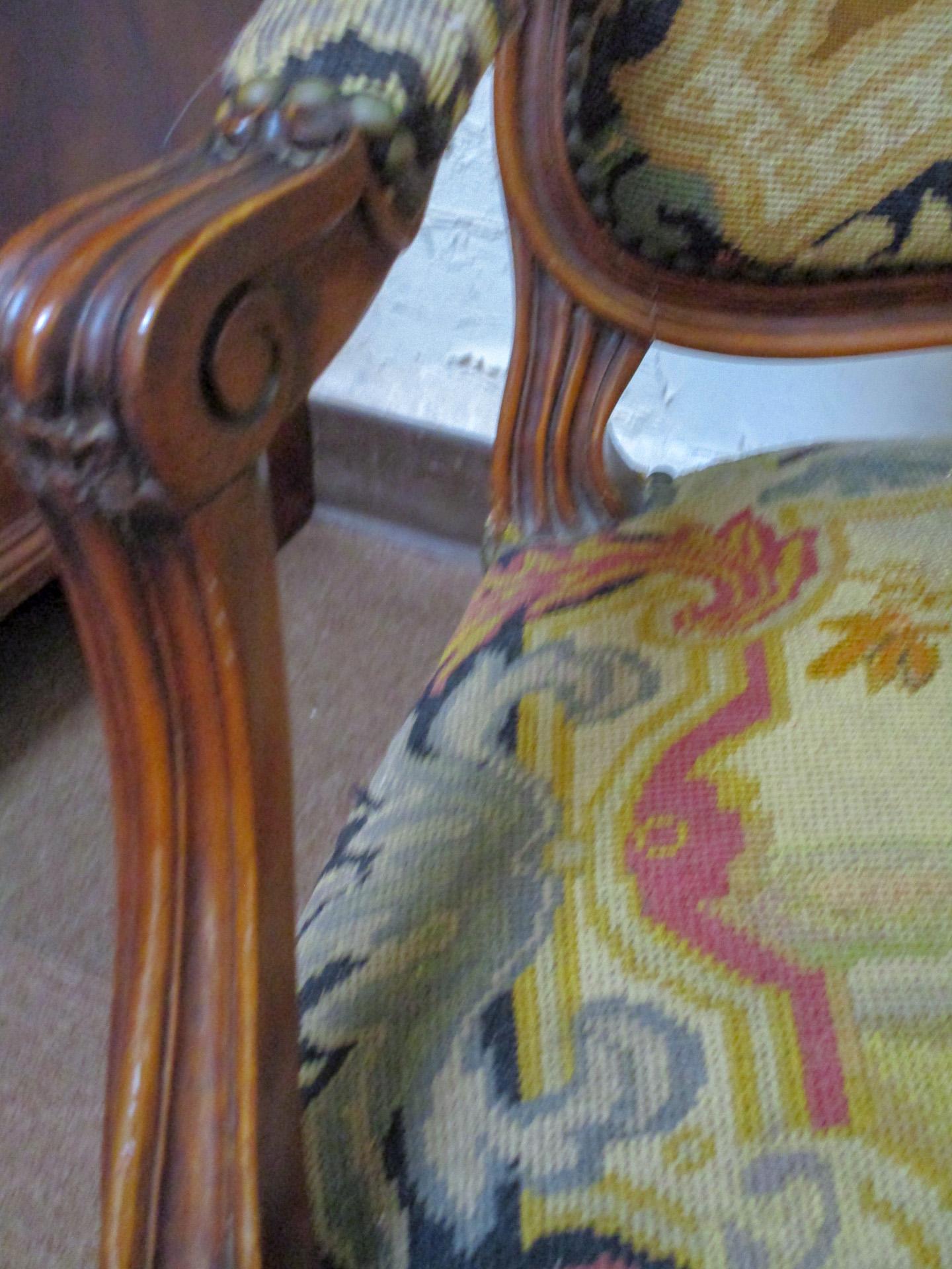 19thc Louis XVI Style Carved Walnut Fauteuils w/ Petite Point and Needlepoint For Sale 1