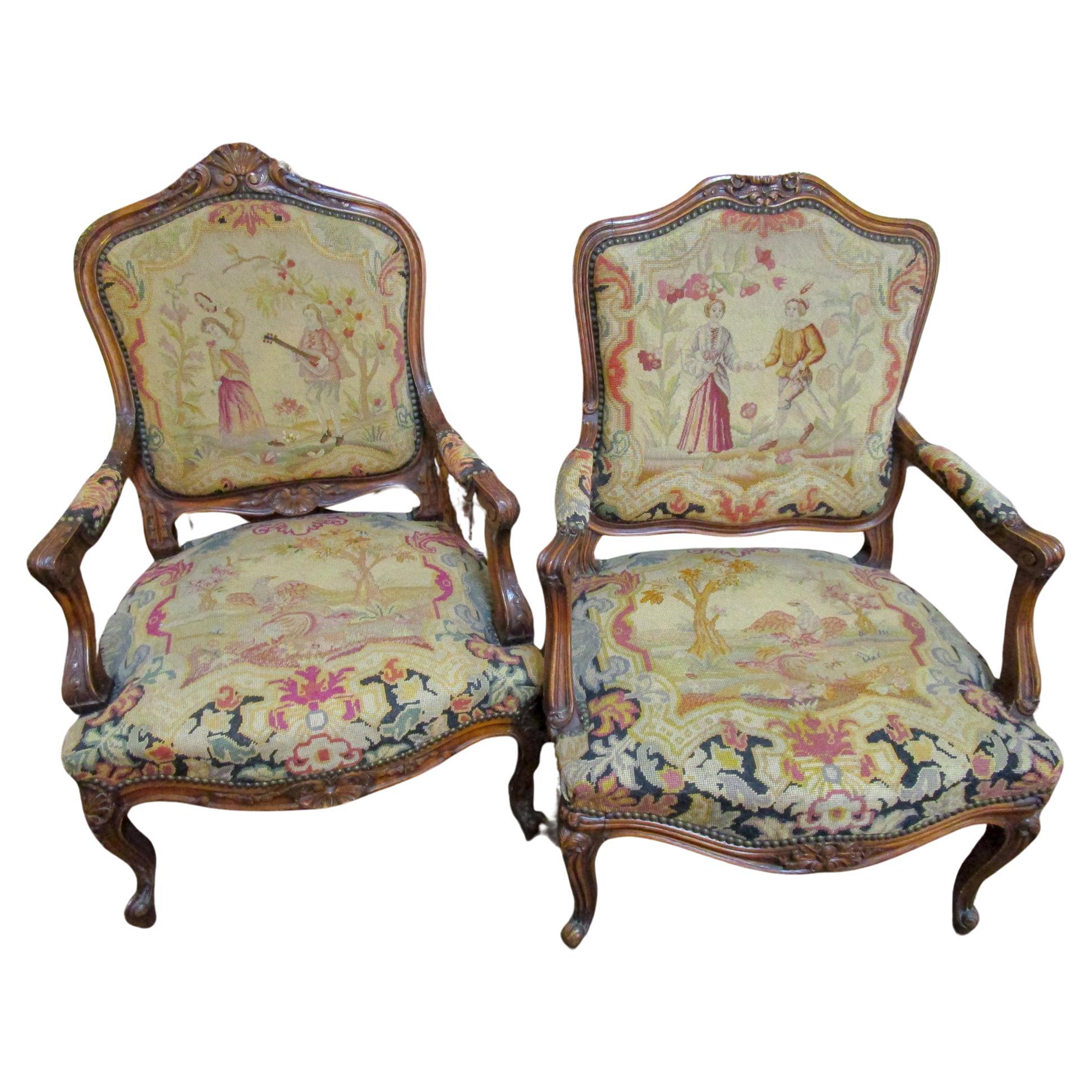 19thc Louis XVI Style Carved Walnut Fauteuils w/ Petite Point and Needlepoint For Sale