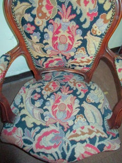 19thc Louis XVI Style Carved Walnut Fauteuils with Needlepoint Upholstery