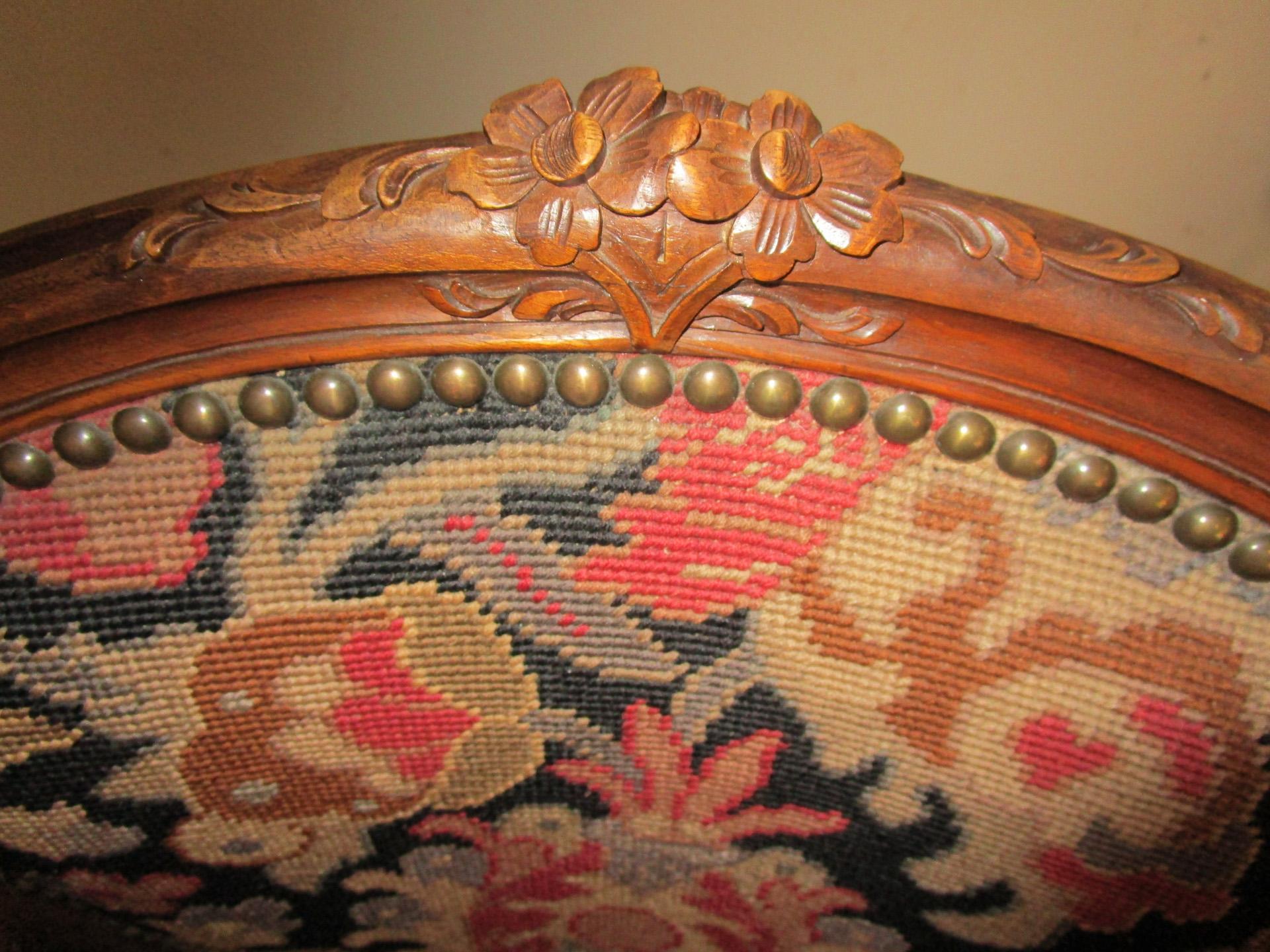 Brass 19thc Louis XVI Style Carved Walnut Fauteuils with Needlepoint Upholstery For Sale