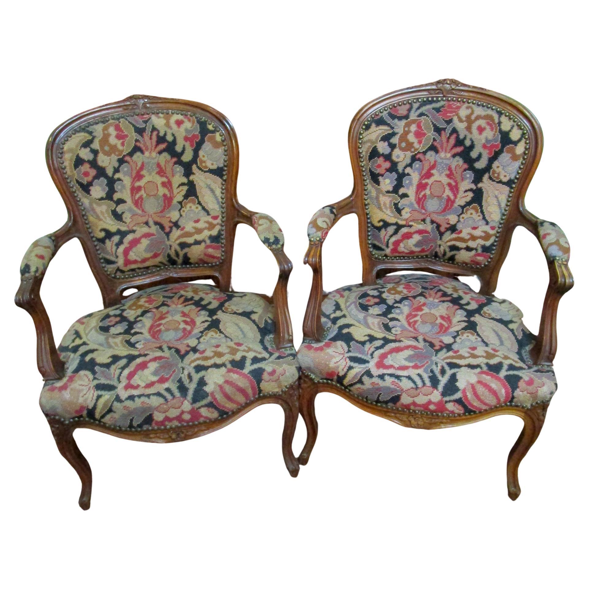 19thc Louis XVI Style Carved Walnut Fauteuils with Needlepoint Upholstery For Sale