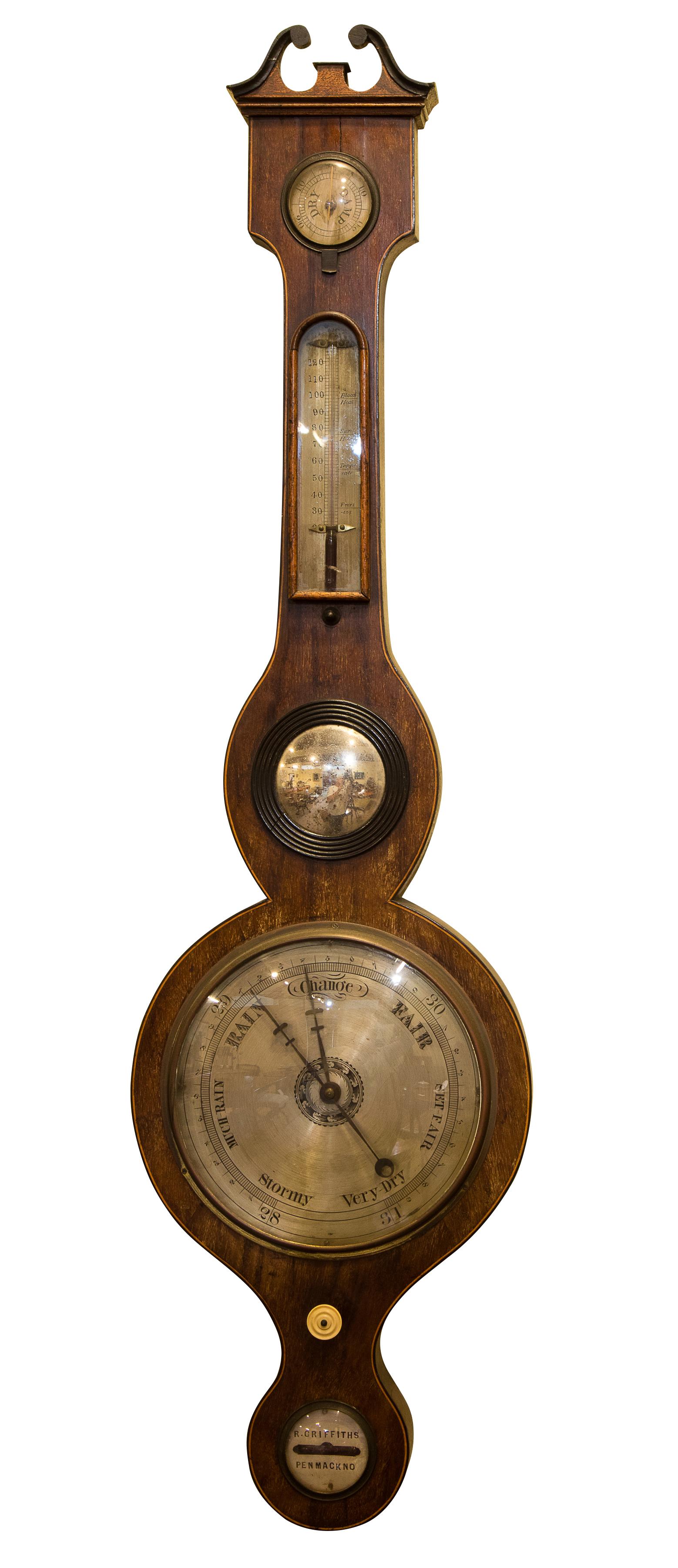 A 19th century string inlaid mahogany cased mercury wheel barometer by R Griffiths,

 

circa 1870.