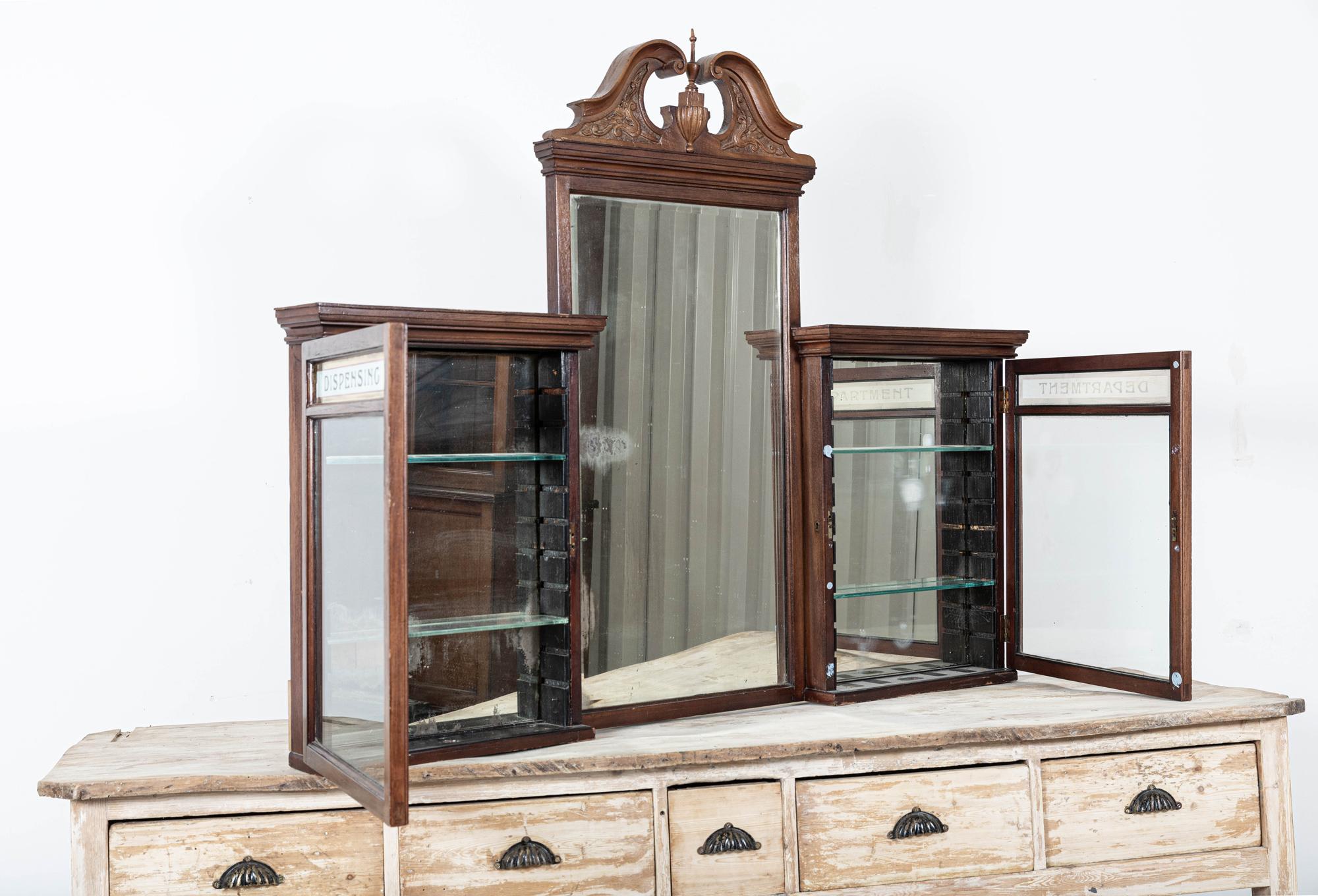 Circa 1860

19thC mahogany pharmacy cabinet from Scotland

An exceptional example with original mirror plate and gilt reverse hand painted detail. Two cabinet doors with internal adjustable glass shelves.

Perfect mounted above a bathroom