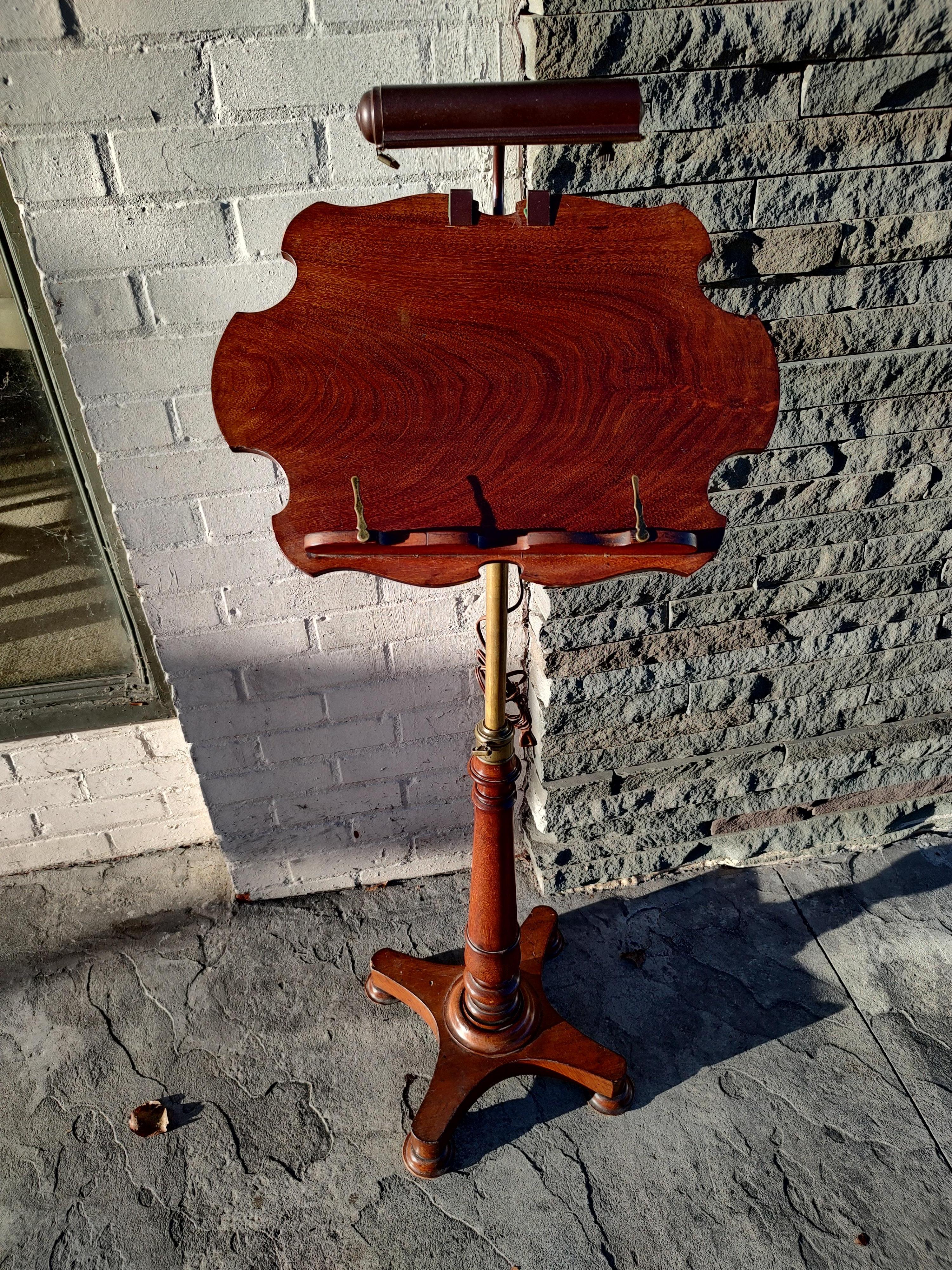 19thC Mahogany with Brass Empire Adjustable Music Stand with a Light 6