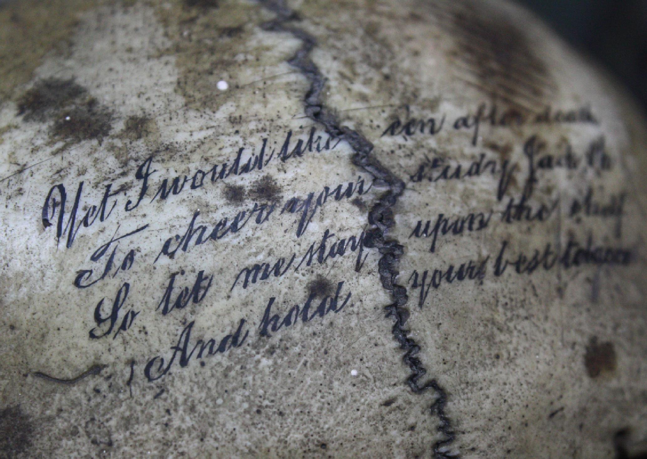 Victorian Memento Mori Human Skull Bone Tobacco Jar with Rhyme Masonic Freeman's