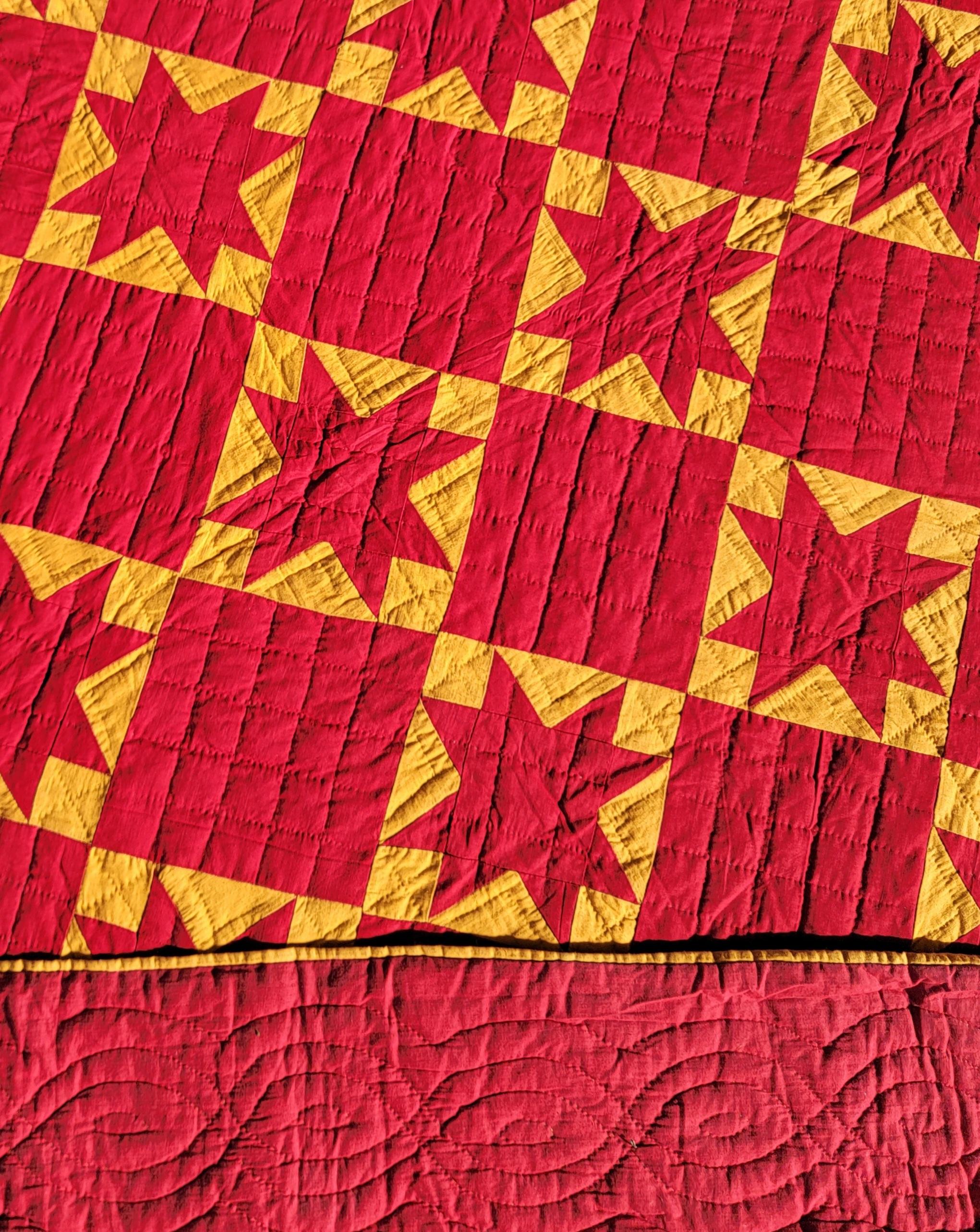 Hand-Crafted 19thc Mennonite Red Stars on a Cheddar Ground Quilt
