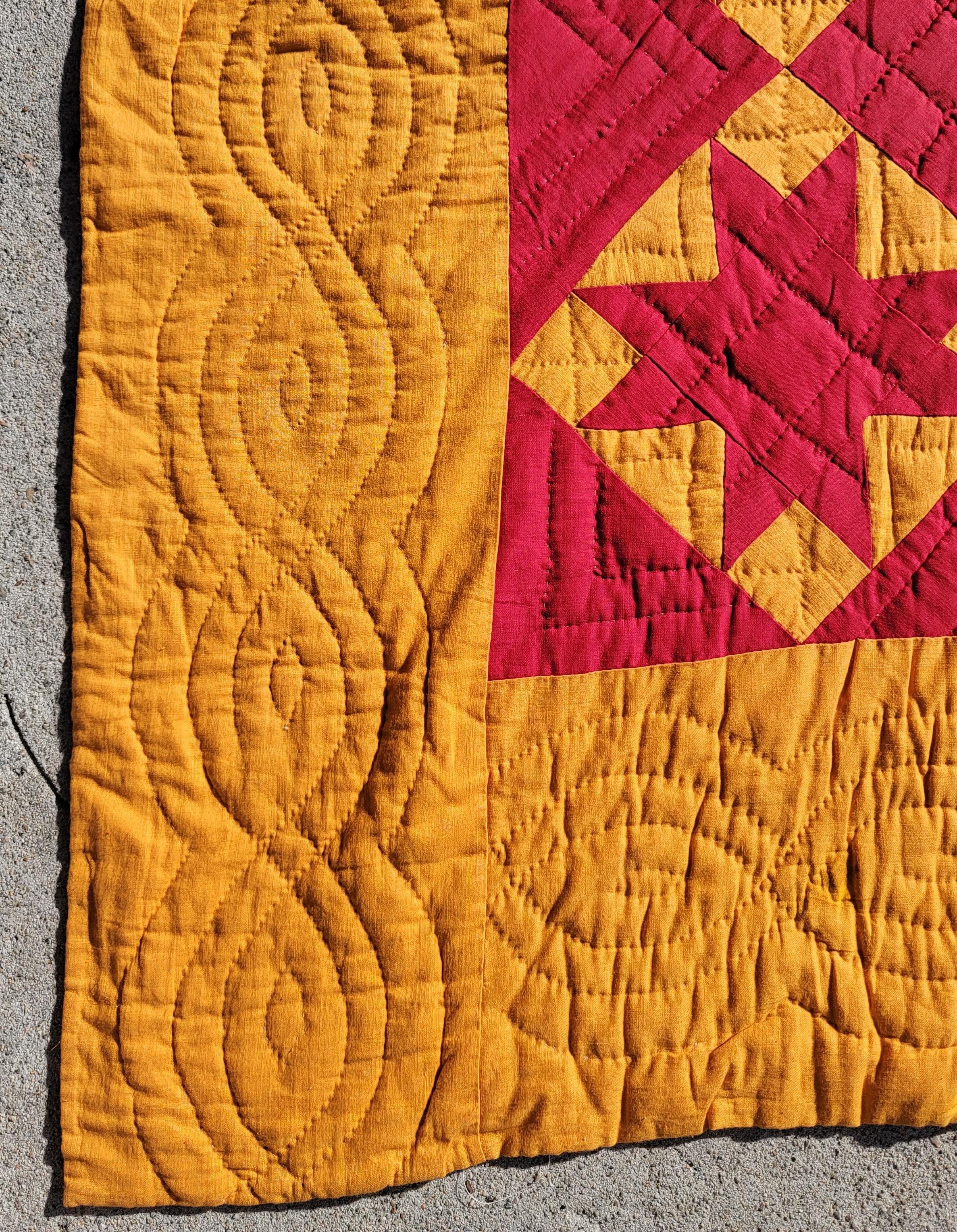 19thc Mennonite Red Stars on a Cheddar Ground Quilt In Good Condition In Los Angeles, CA