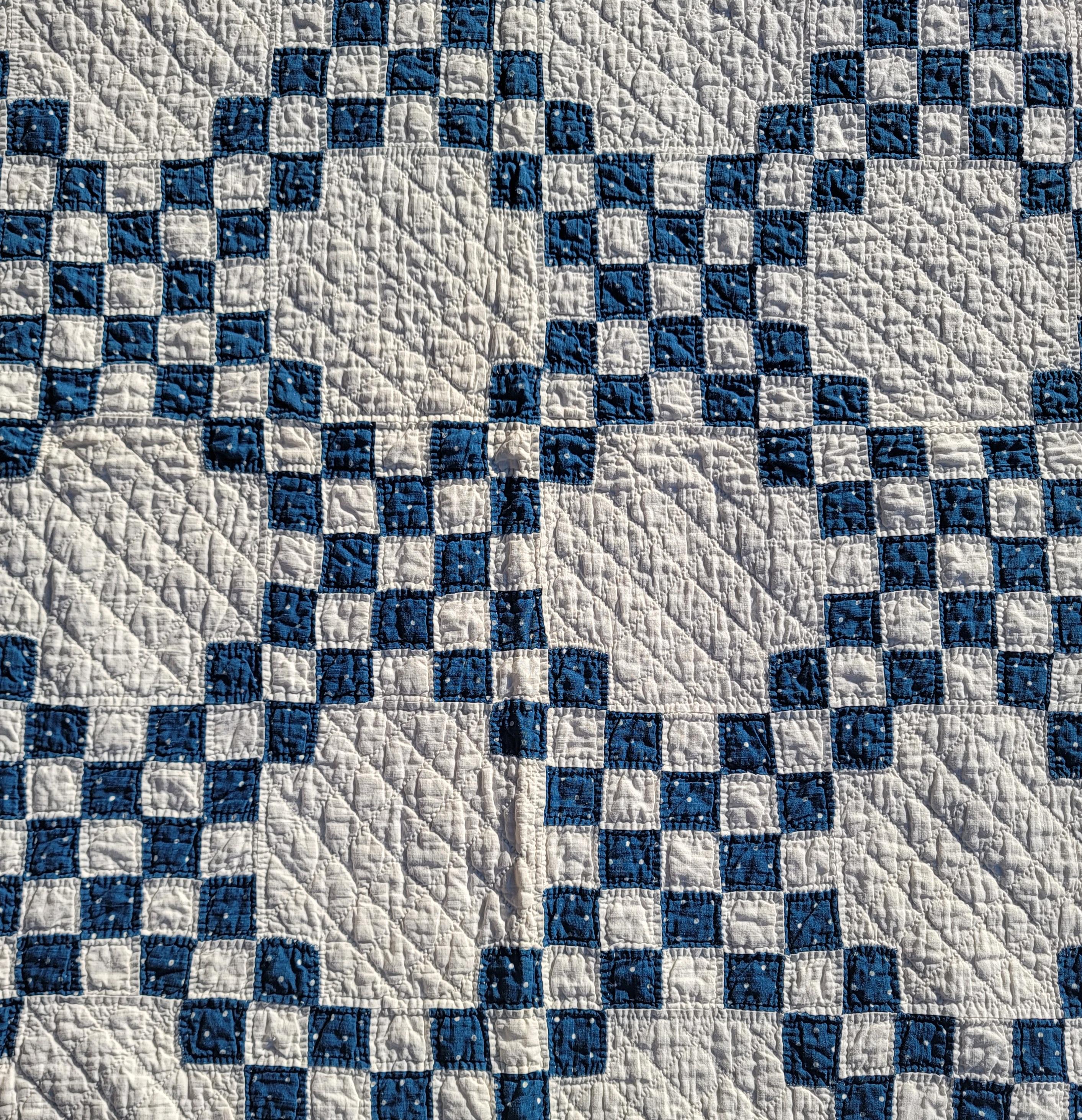 American 19thc Mini Pieced Blue & WhiteChain Postage Stamp Quilt For Sale