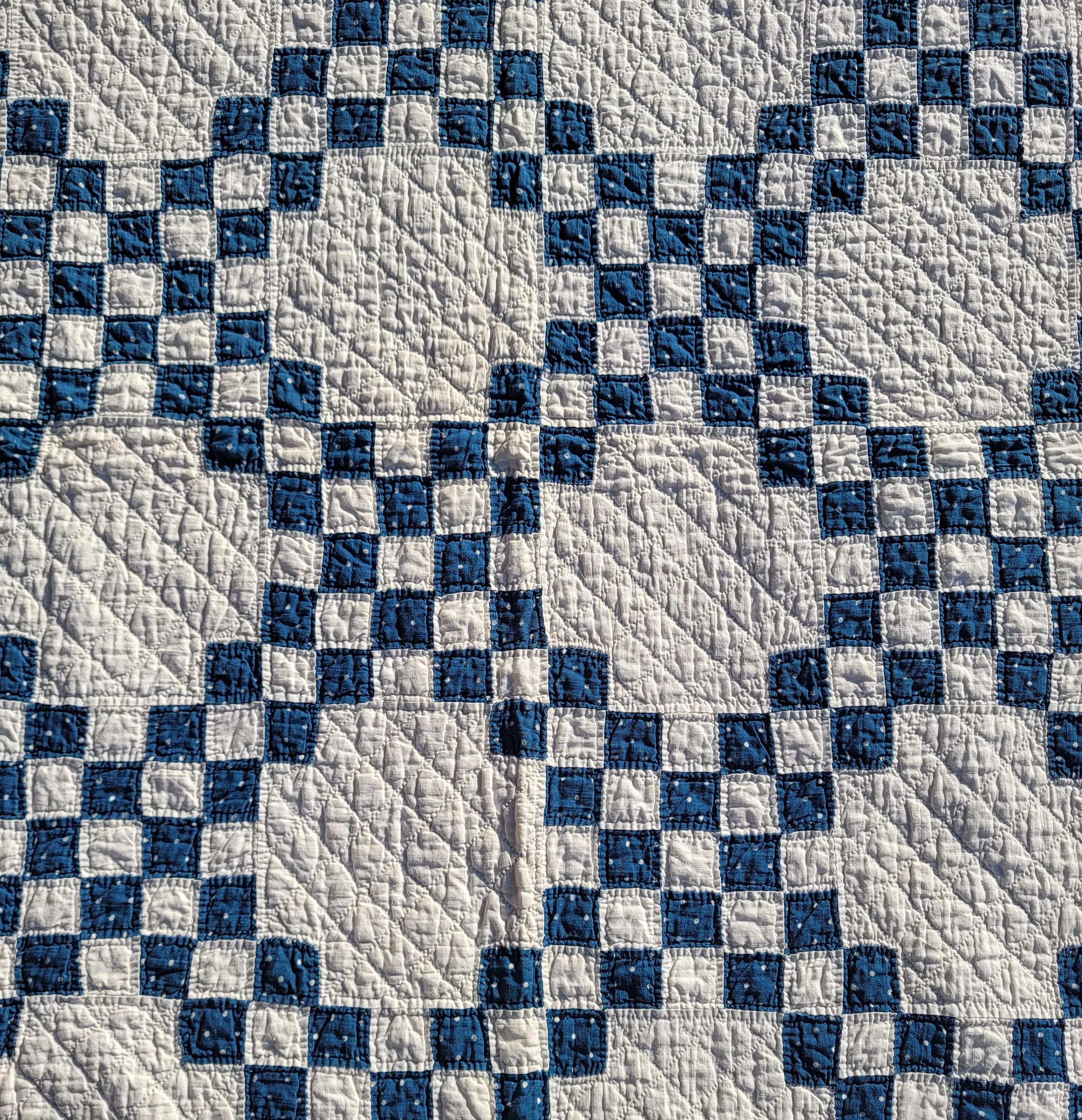 American 19thc Mini Pieced Blue & WhiteChain Postage Stamp Quilt