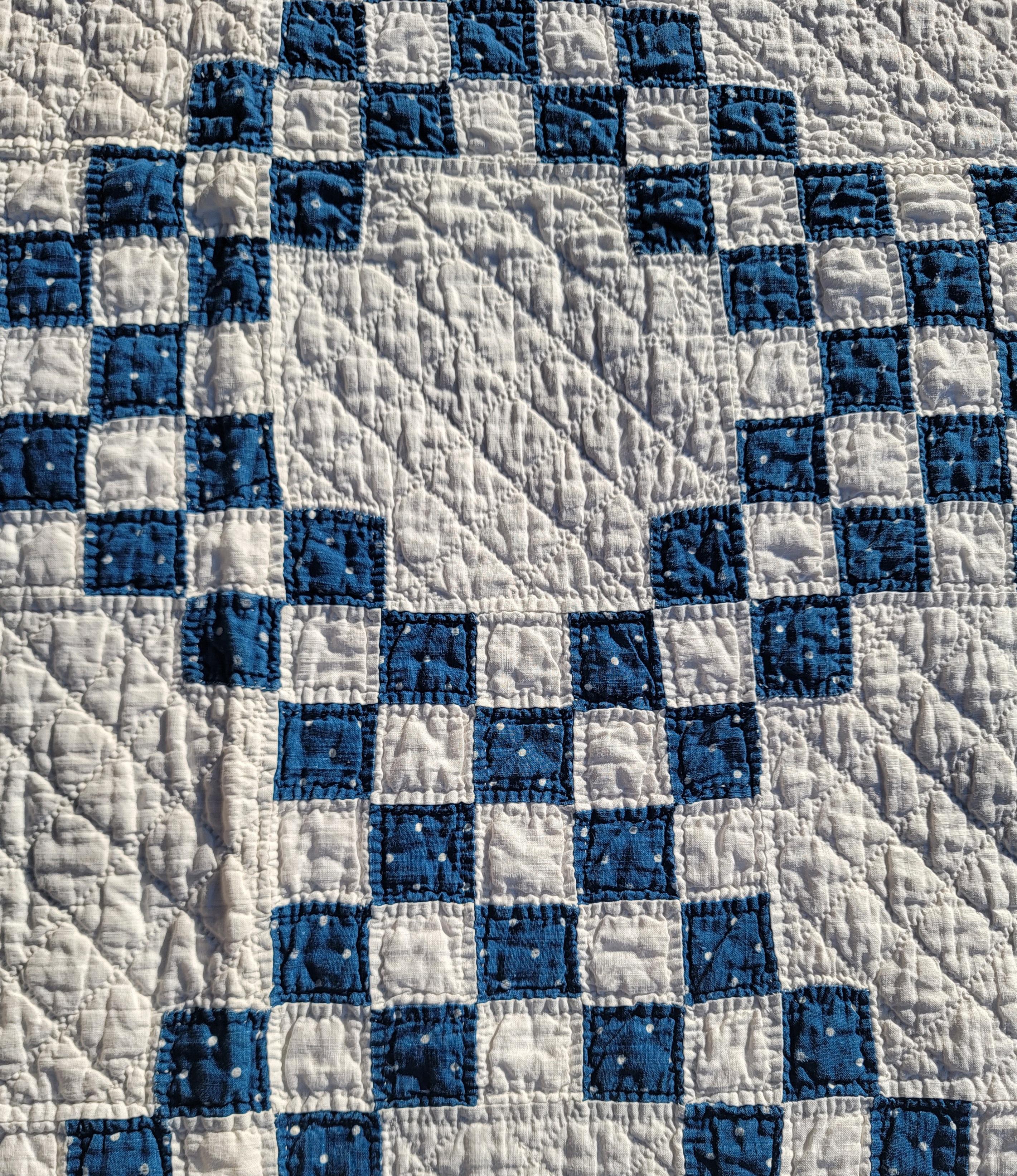Hand-Crafted 19thc Mini Pieced Blue & WhiteChain Postage Stamp Quilt For Sale