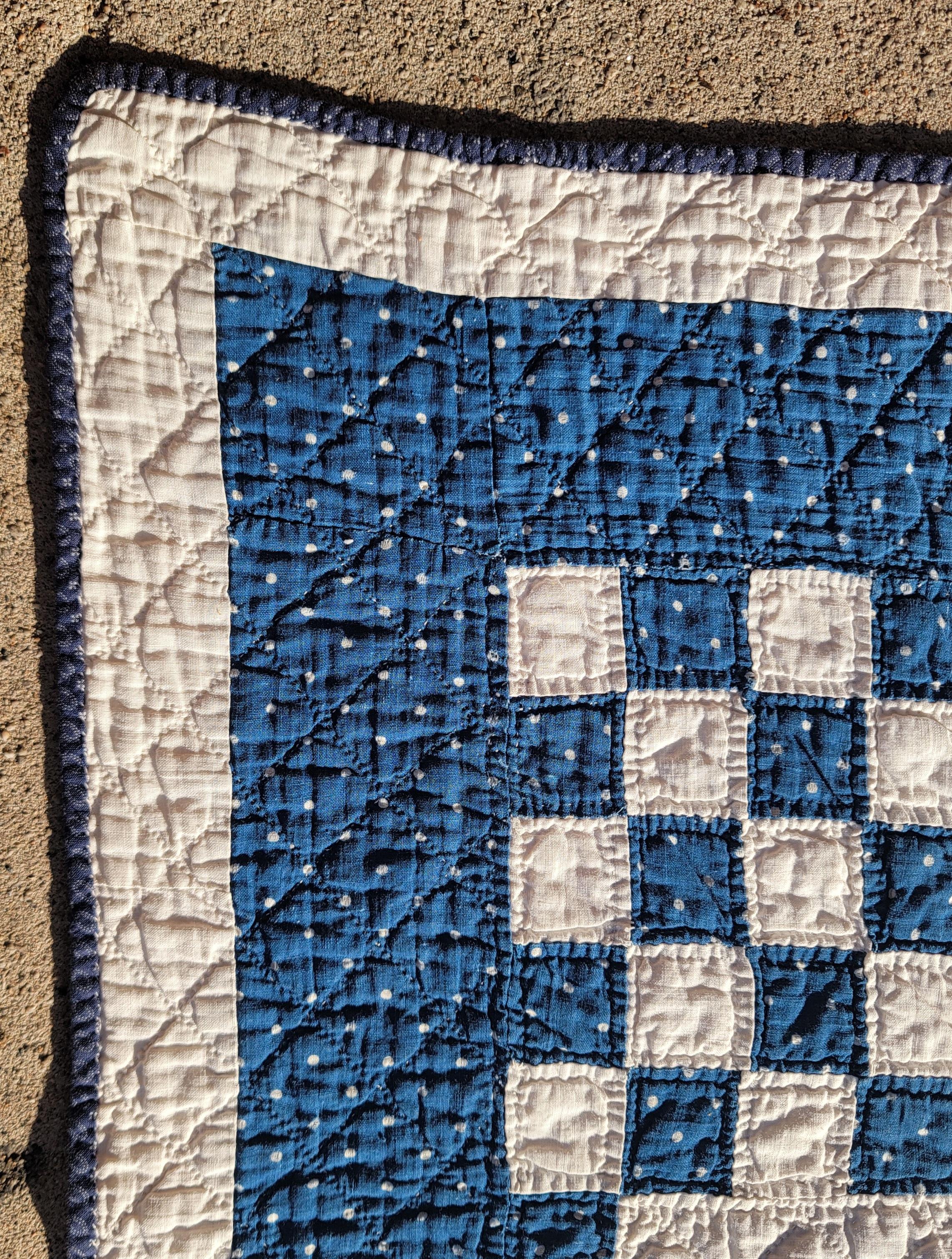 19thc Mini Pieced Blue & WhiteChain Postage Stamp Quilt In Good Condition For Sale In Los Angeles, CA