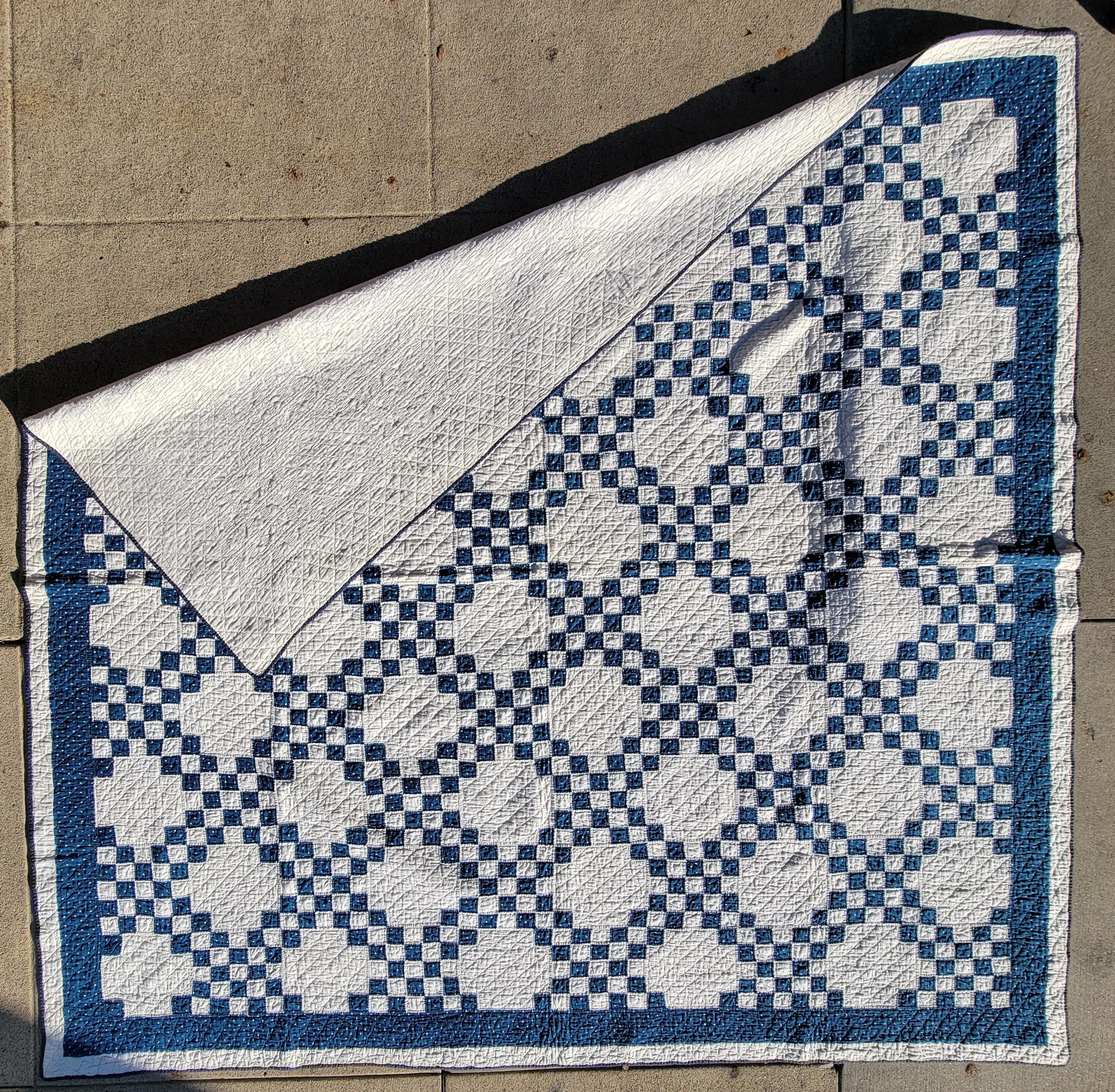 Late 19th Century 19thc Mini Pieced Blue & WhiteChain Postage Stamp Quilt For Sale