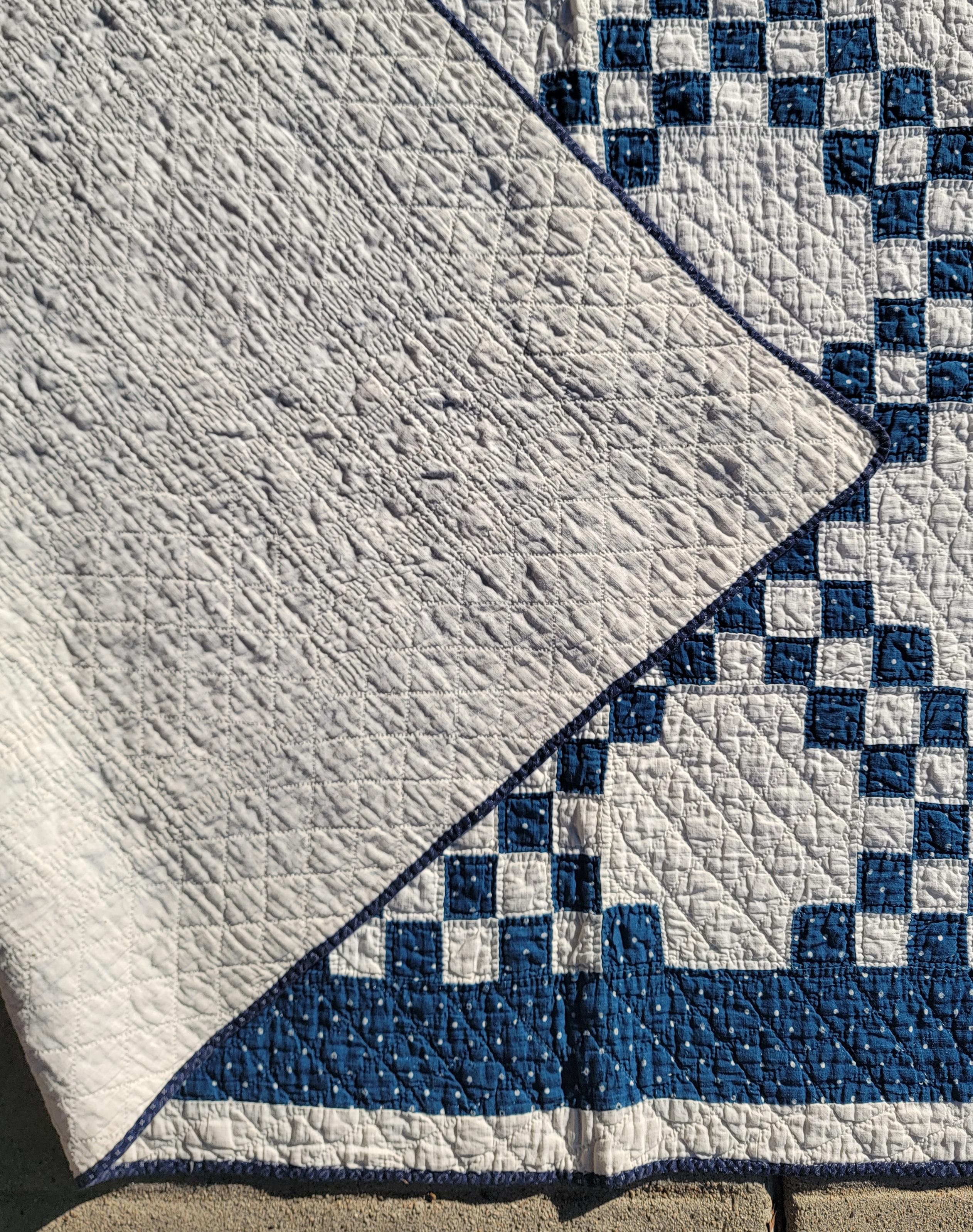 Cotton 19thc Mini Pieced Blue & WhiteChain Postage Stamp Quilt For Sale