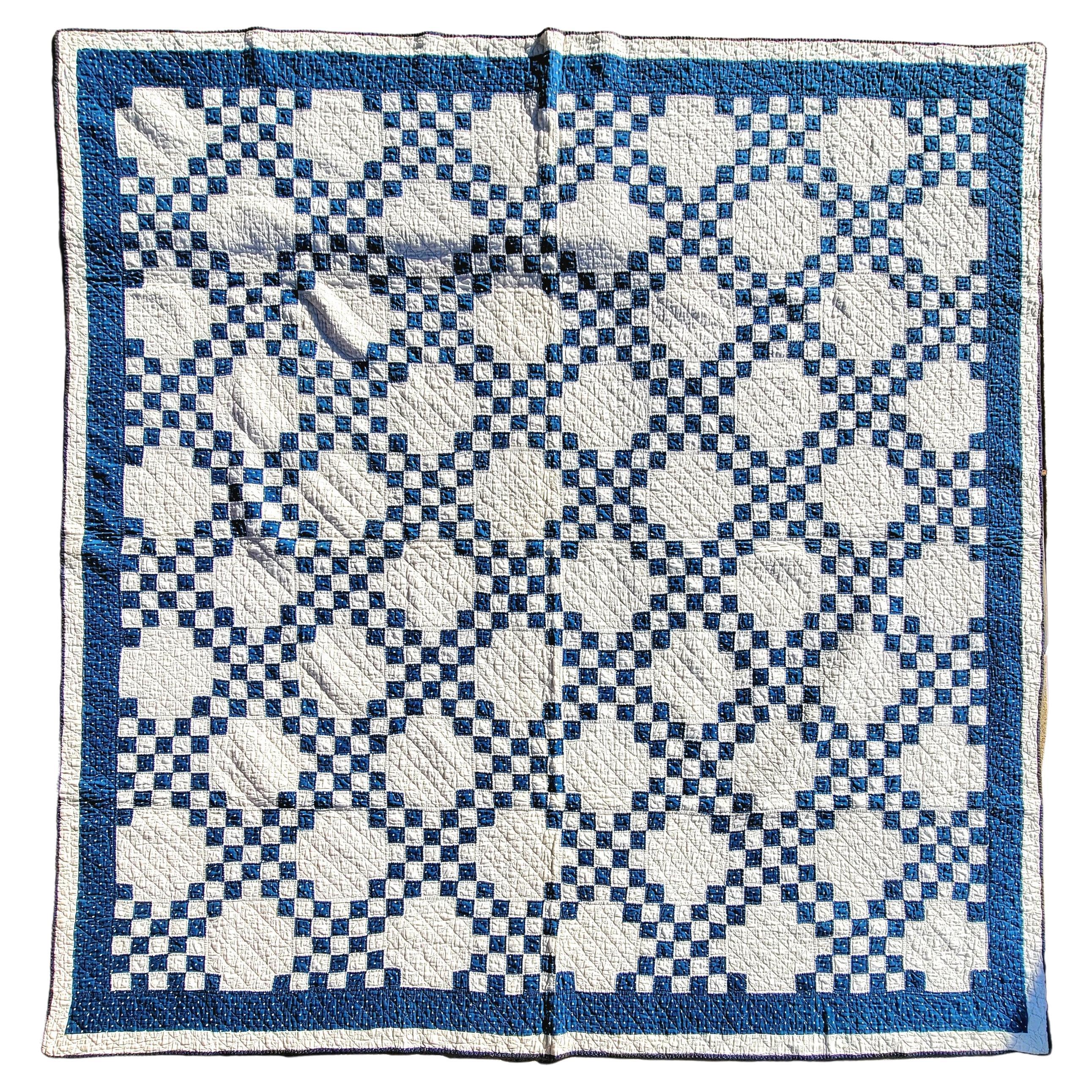 19thc Mini Pieced Blue & WhiteChain Postage Stamp Quilt For Sale