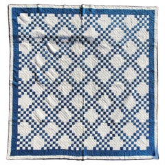 Used 19thc Mini Pieced Blue & WhiteChain Postage Stamp Quilt