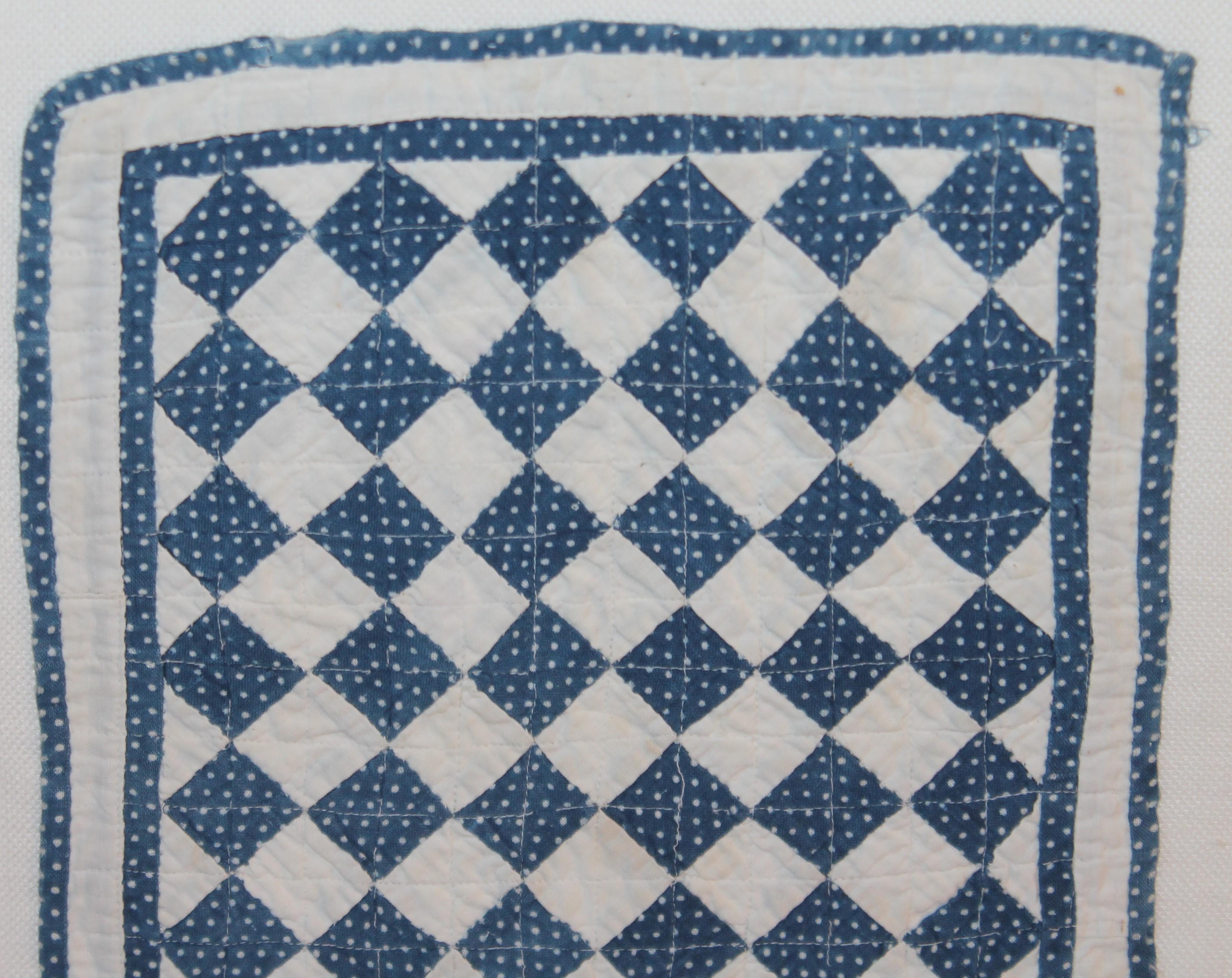 Hand-Crafted 19thc Mini Postage Stamp Blue & White Doll Quilt For Sale