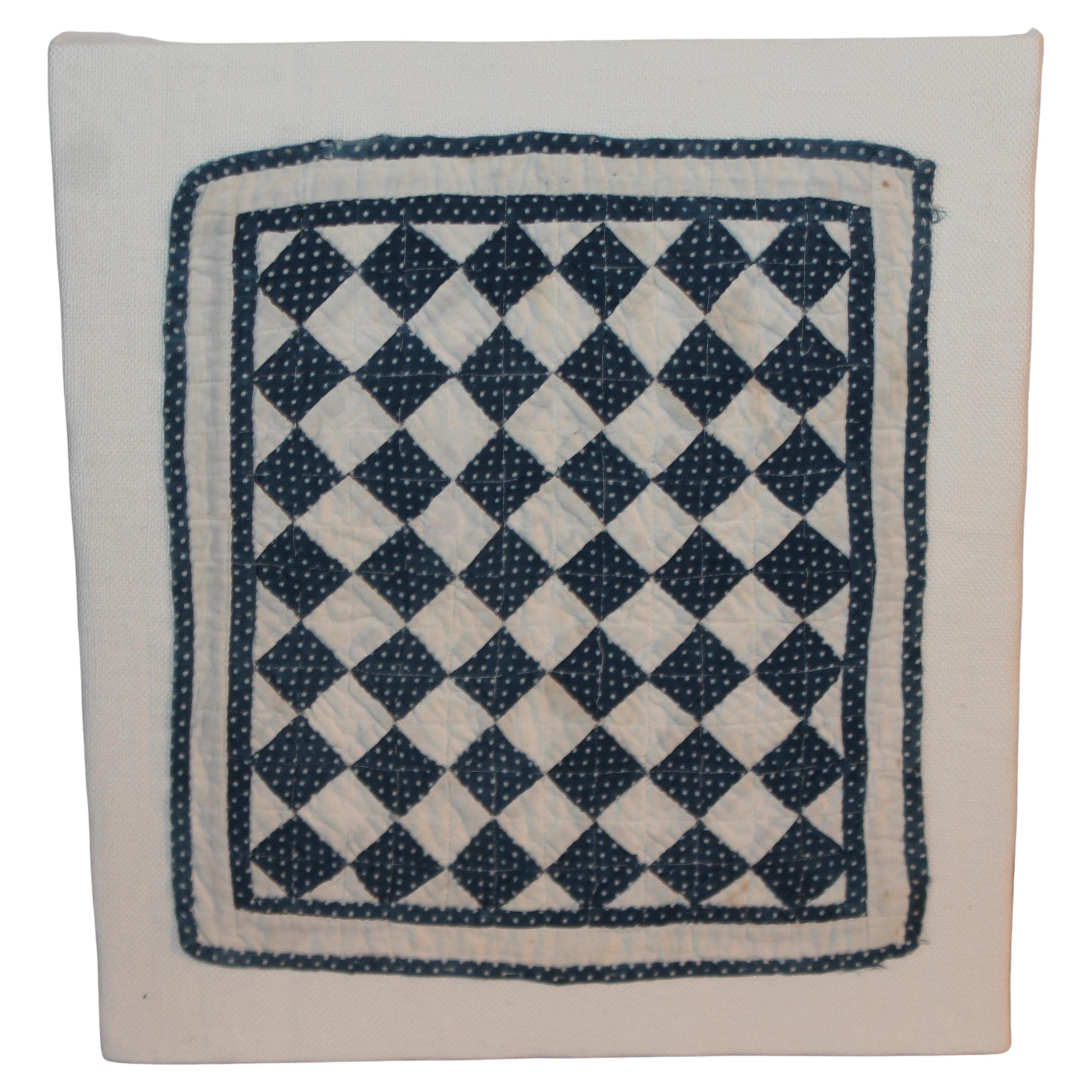 19thc Mini Postage Stamp Blue & White Doll Quilt For Sale