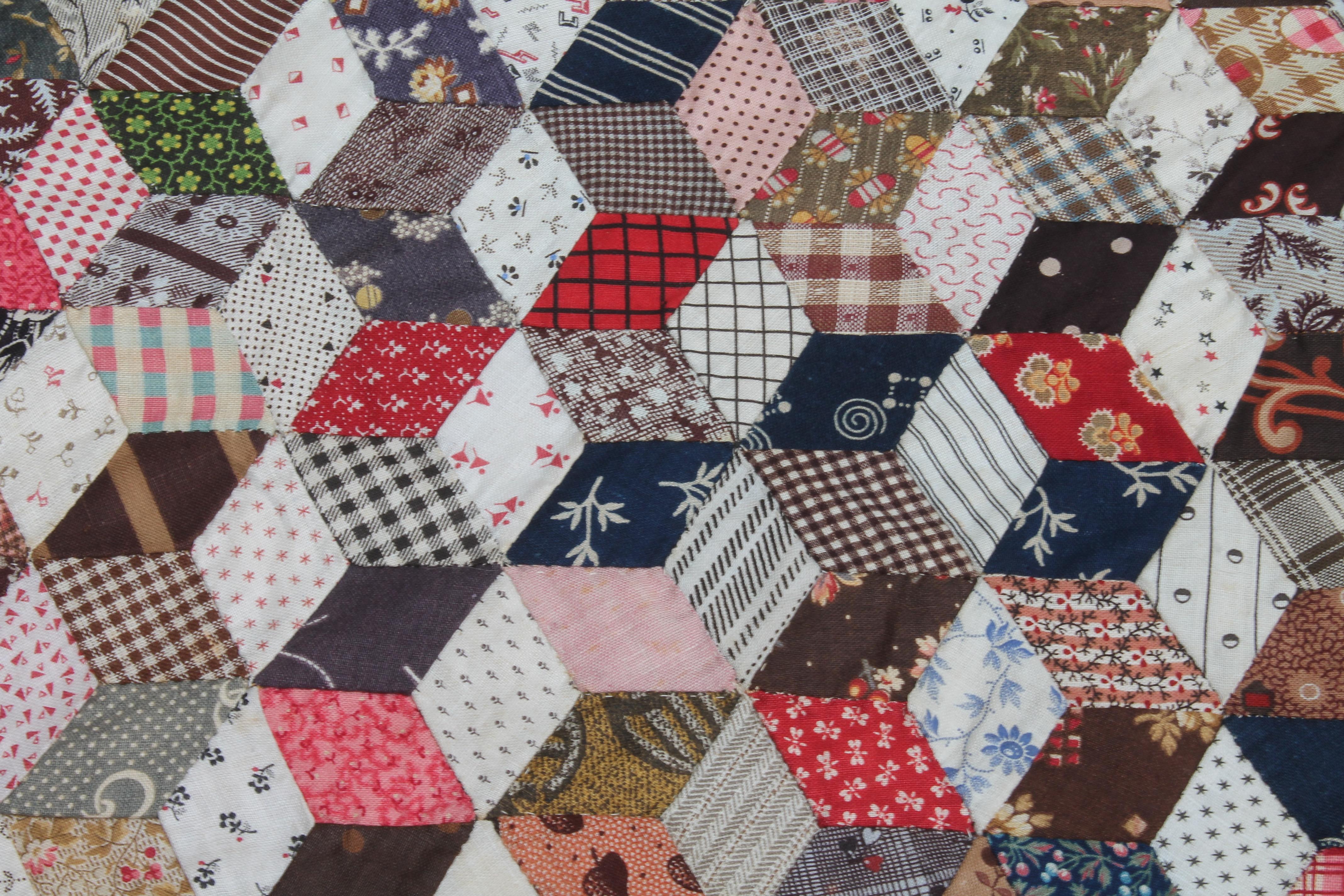 Hand-Crafted 19Thc Mini Tumbling Blocks Quilt-Dated 1880