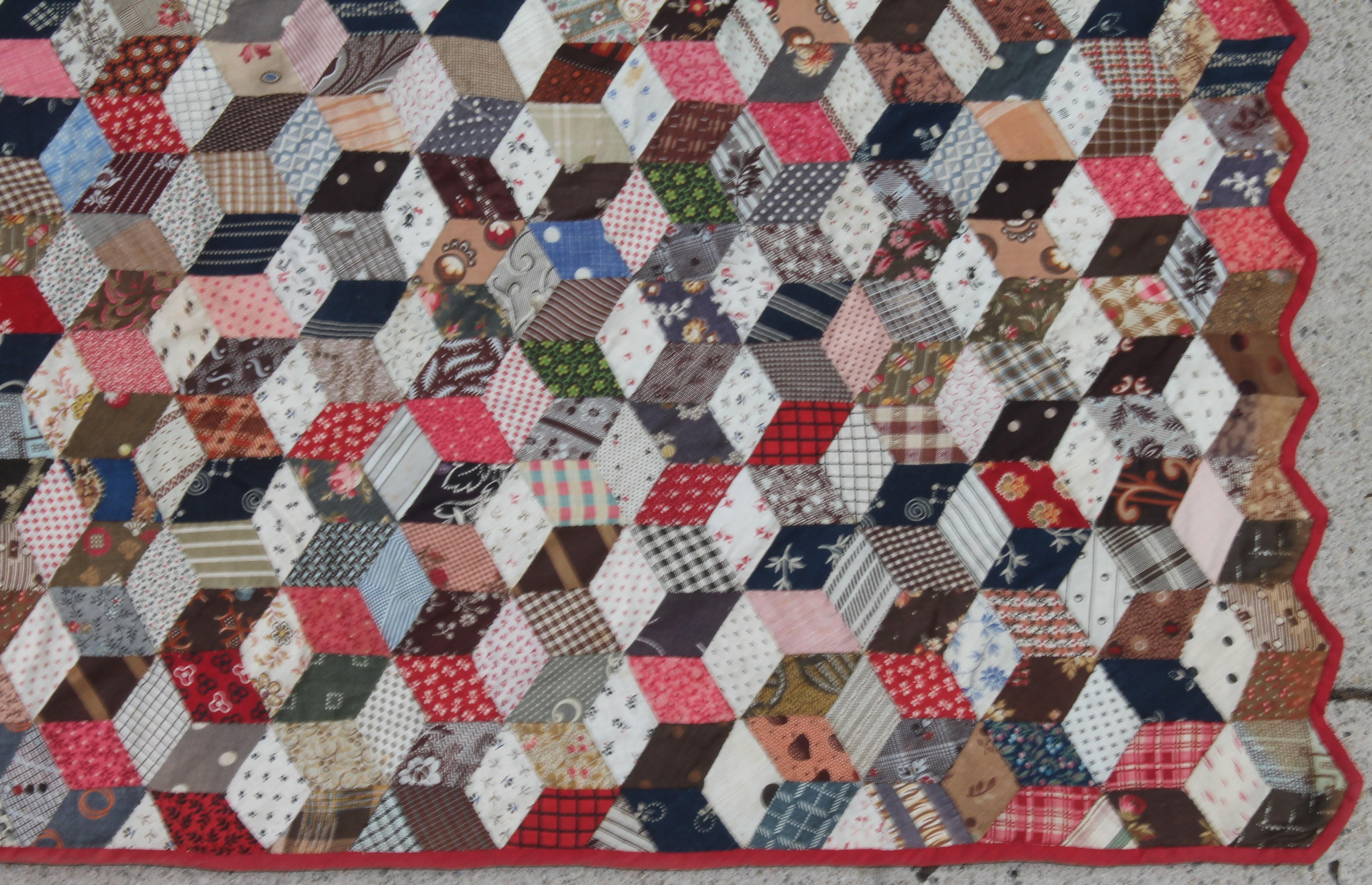 19Thc Mini Tumbling Blocks Quilt-Dated 1880 1