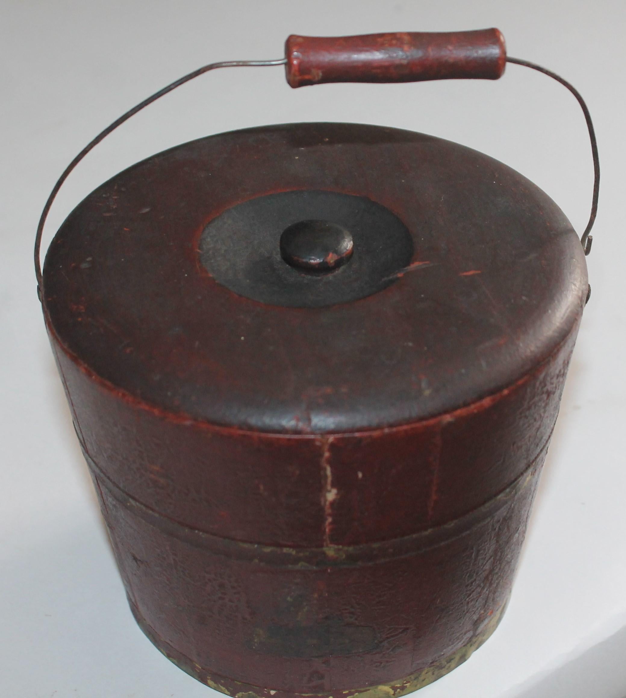 19th century mini original red painted shaker style bucket with the original lid. This has the best patina ever.